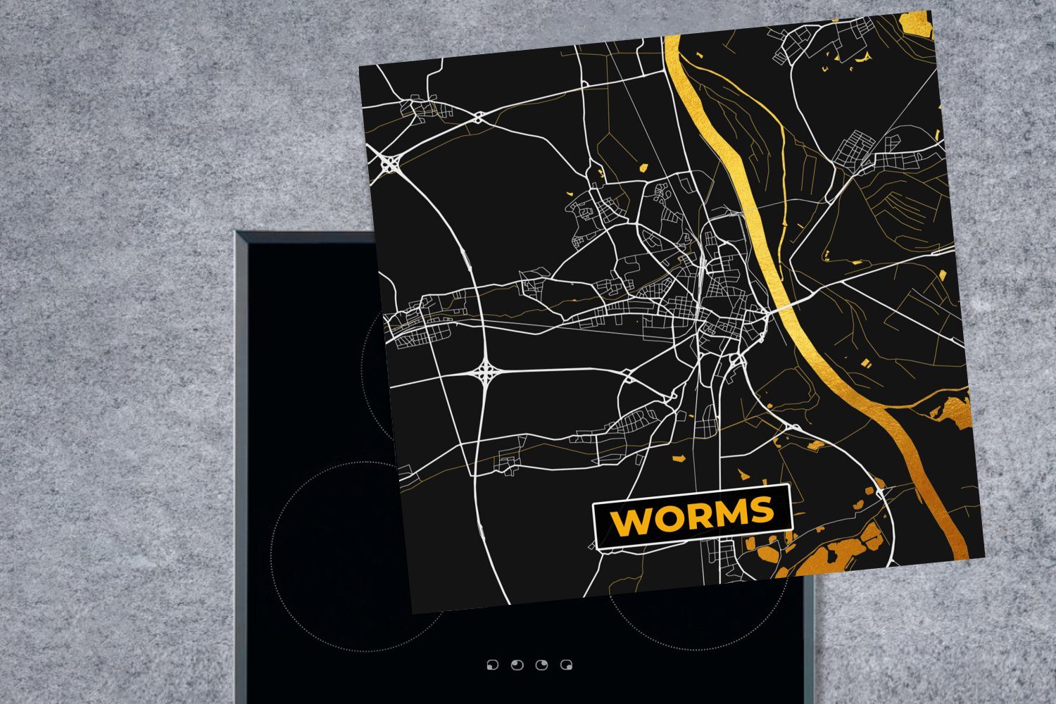 Karte, - Vinyl, Gold cm, küche (1 - für - Worms tlg), Herdblende-/Abdeckplatte Stadtplan Ceranfeldabdeckung, 78x78 - Deutschland MuchoWow Arbeitsplatte
