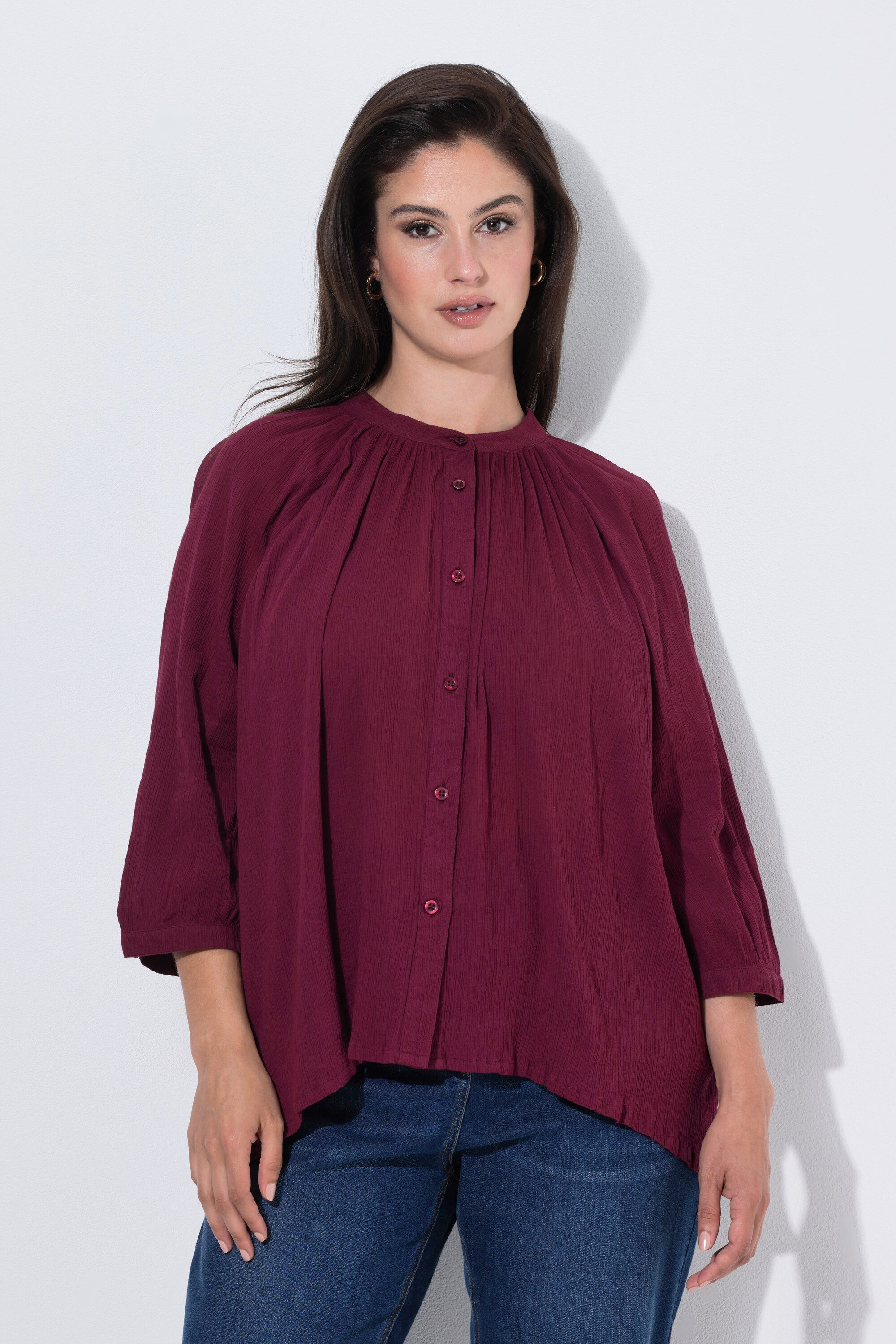 Ulla Popken Longbluse Krepp-Bluse oversized Stehkragen 3/4-Raglanarm