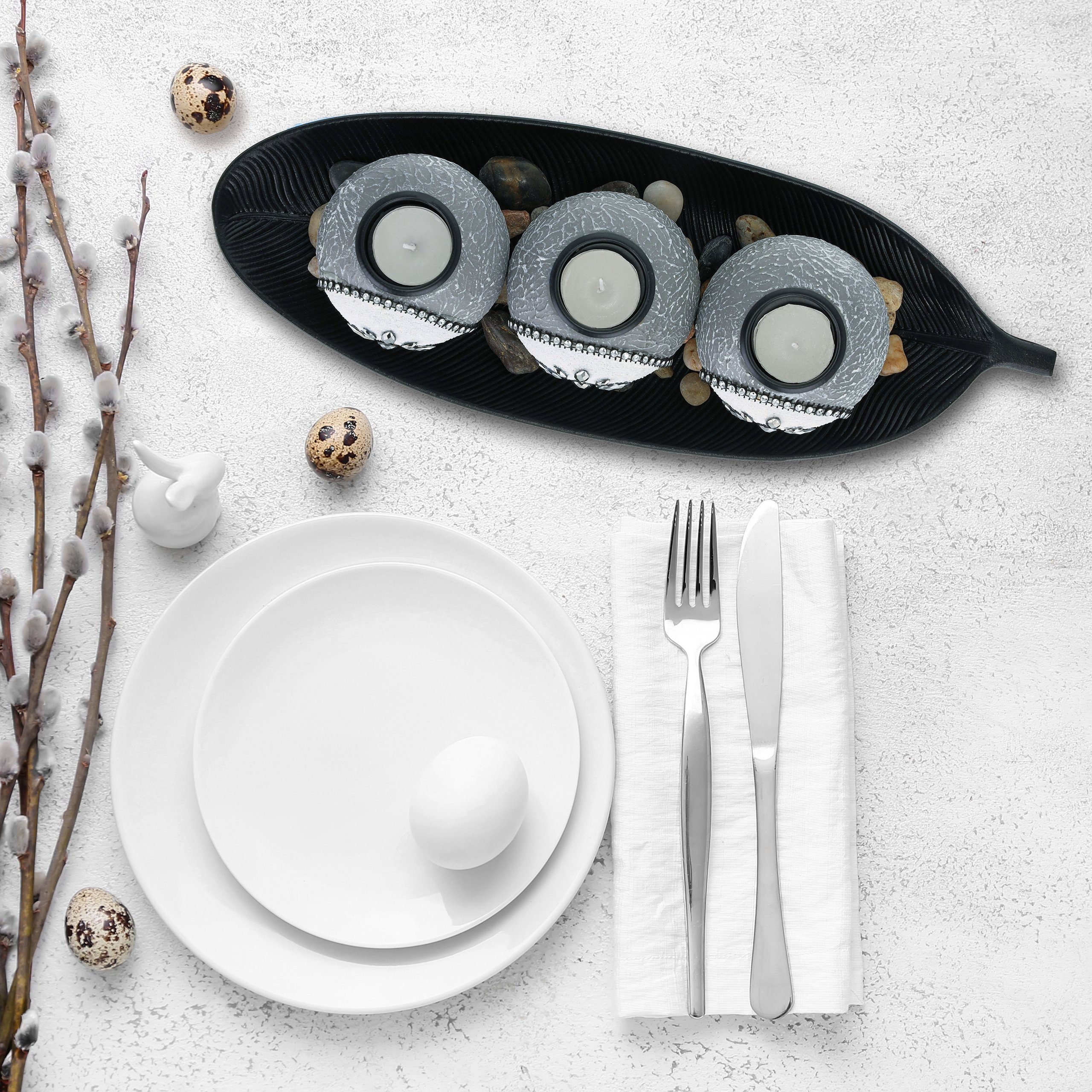 relaxdays Teelichthalter mit Tablett Teelichthalter Set in Grau & Schwarz