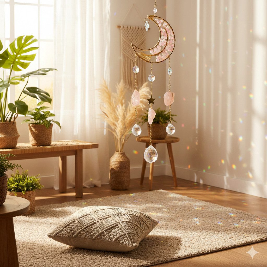 Karmandala Dekohänger Sonnenfänger mit Kristall Regenbogen Lichtspiel, echte Rosenquarz Edelsteine, spirituelle Boho Deko