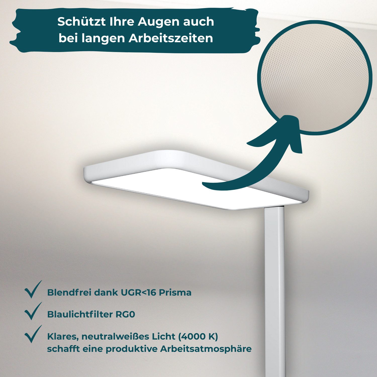 LUXULA LED Stehlampe Bürostehleuchte, dimmbar, Up & Down 2x50W, UGR<16 blendfrei, Tageslichtweiß, Neutralweiß, Vollspektrum CRI>98
