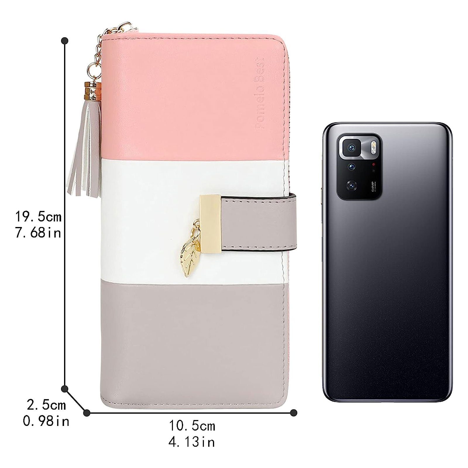 Pomelo 12 Ledergeldbörse Wallet, Handytasche x Portemonnaie mit (Frauen Geldbeutel 2,5cm Portmonee Damen Brieftasche Münzfach RFID-Schutz Kartenfächer, Slim Leder Grau/Weiß/Pink mit Weich Handtasche 19,5 Kartenetui, Geldbörse 10,5 Best Kreditkartenetui, Kartenhalter), x Groß NFC Lang