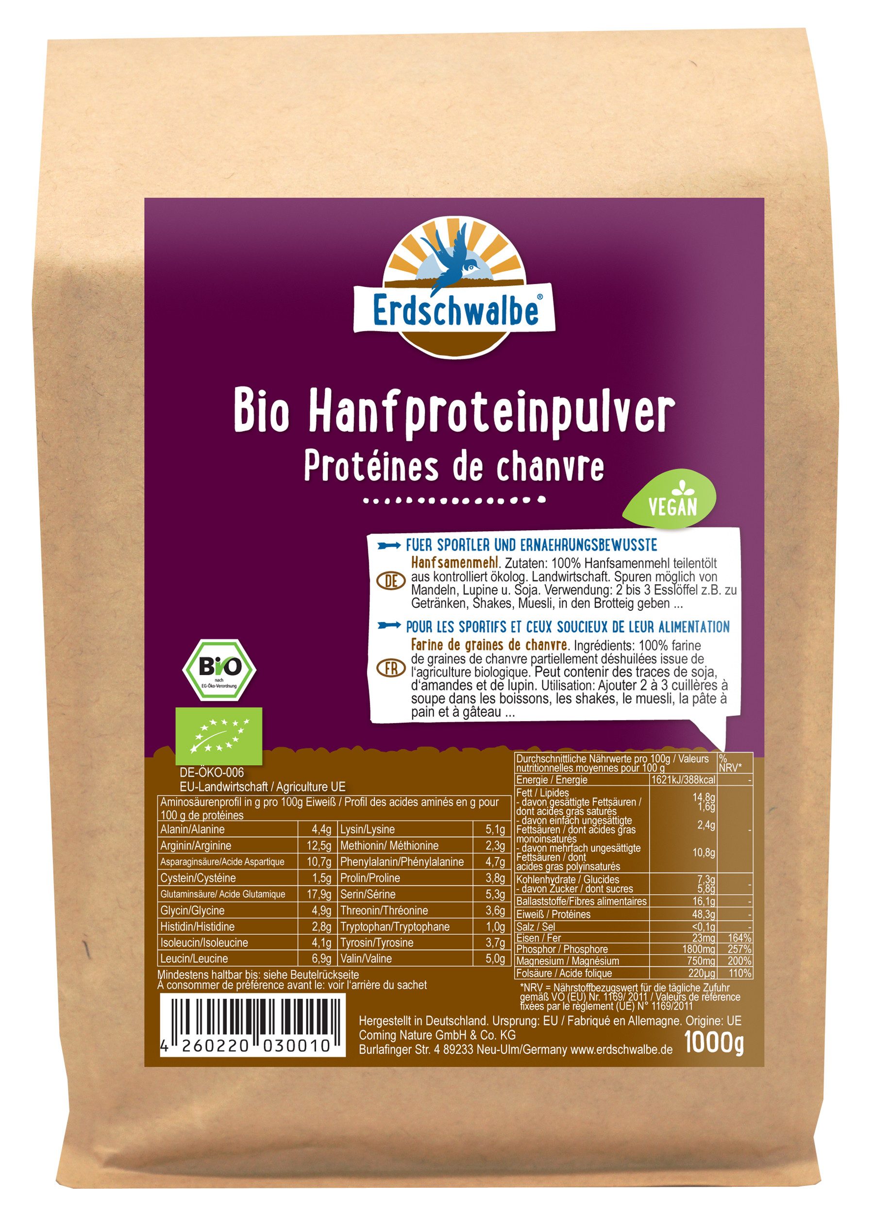 Erdschwalbe - Bio Hanf Proteinpulver - veganes Protein - 1kg von Erdschwalbe Pulver, 1 er 1000 g