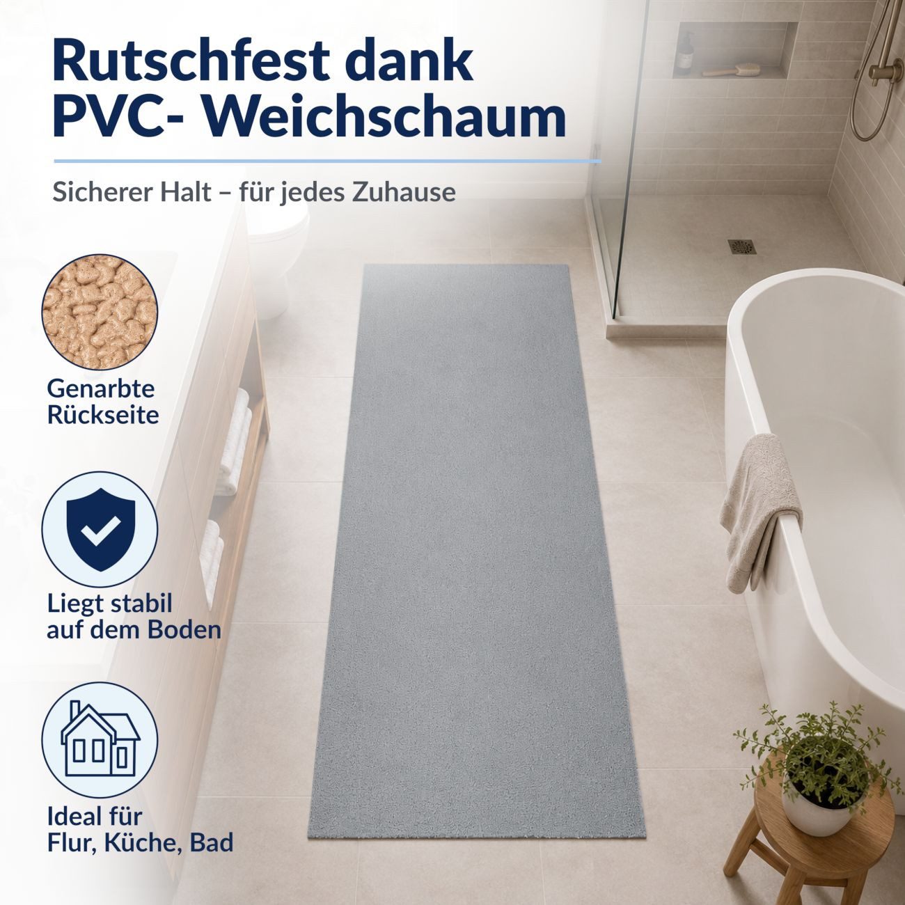 ANRO Badematte AquaComfort Meterware Mikrofaser Schlingen-Badläufer 60/90 cm Breite, Höhe 3 mm, rutschhemmender Rücken, Fußbodenheizung geeignet, zuschneidbar,  – Bild 4 von 5