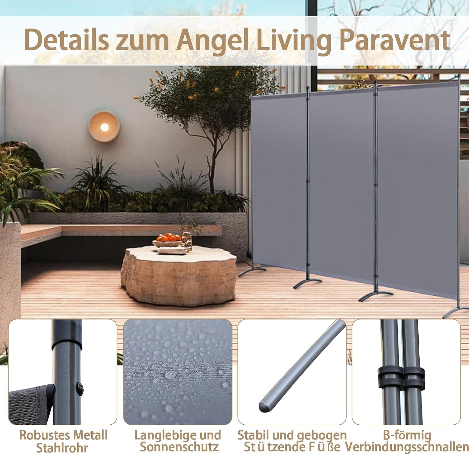 BlingBin Paravent 3-teiliger Paravent 260 x 180 cm, wetterfester Balkonsichtschutz (3er Set, 3 St., 260x180cm), als Raumteiler und Trennwand für Balkon, Terrasse und Wohnbereich