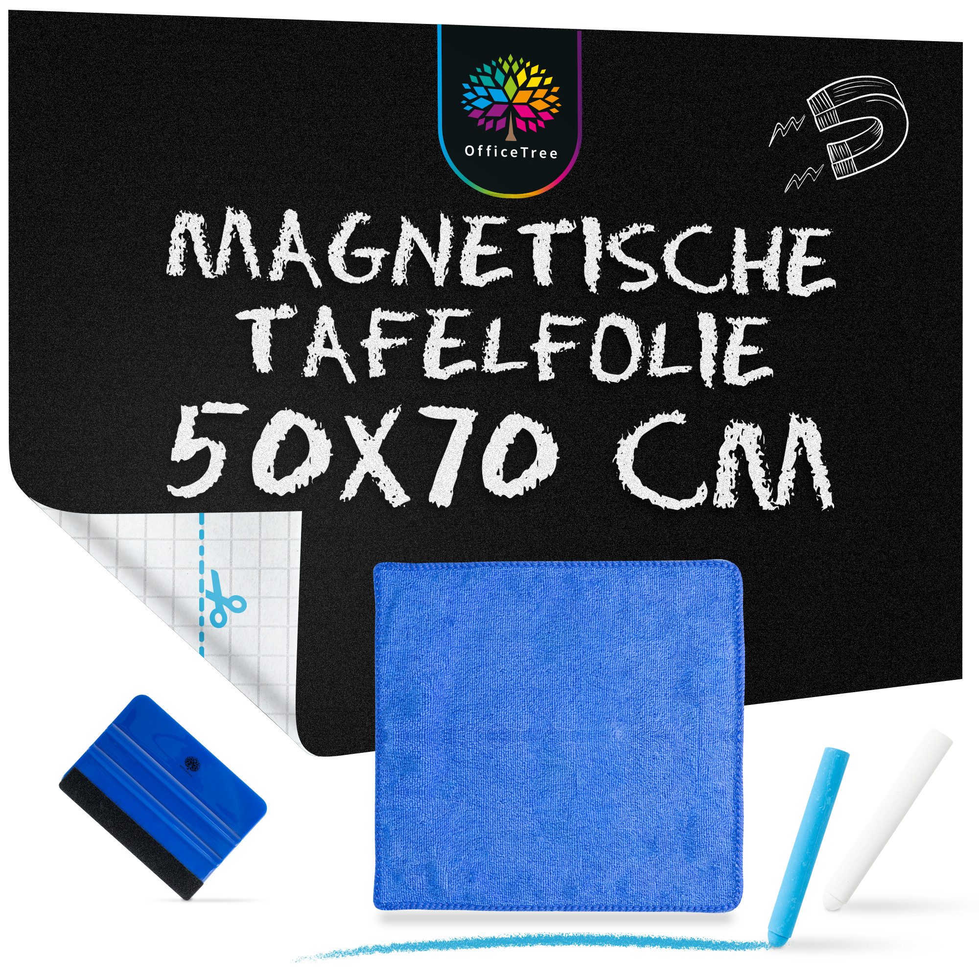 OfficeTree Magnetfolie OfficeTree magnetische Tafelfolie selbstklebend - 50x70 cm, selbstklebend - 50x70 cm - inklusive Tuch und 2x Kreide