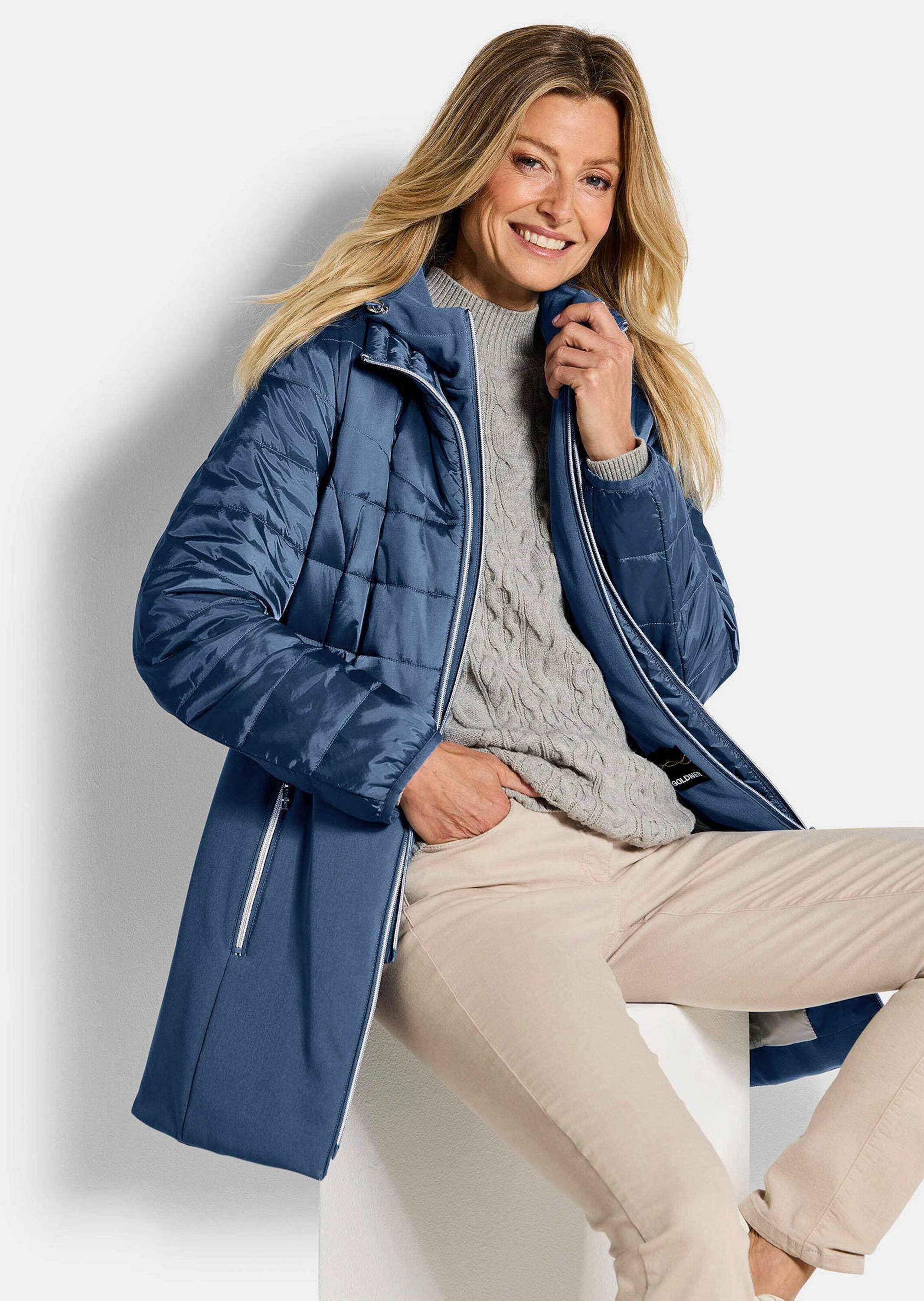 GOLDNER Kurzmantel Kurzgröße: Wintermantel mit Softshell-Einsatz Kapuzenjacke mit 2-Wege-Reißverschluss, Taschen und Langarm