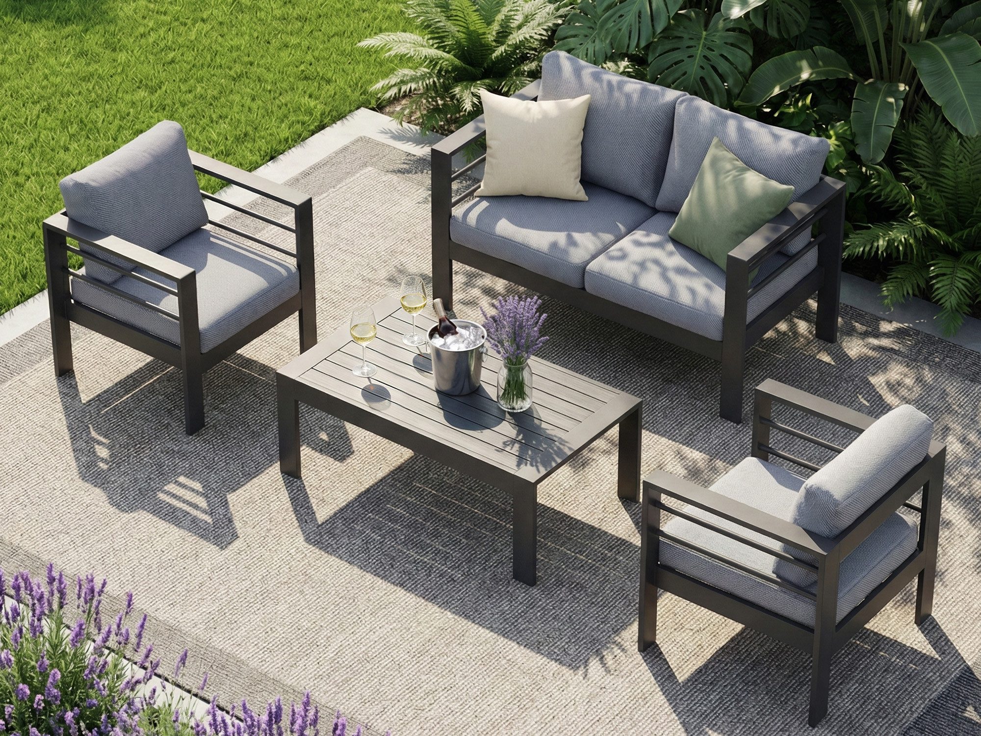 MeXo Gartenlounge-Set Aluminium Gartenmöbel Set Klein 4 Personen wetterfest, (Balkonlounge Outdoor, 12cm Deluxe Relax-Sitzkissen, 4-tlg., Belastbarkeit pro Sitzplatz 140kg), Balkonmöbel-Set, Luxus Relax, Tischplatte aus WPC