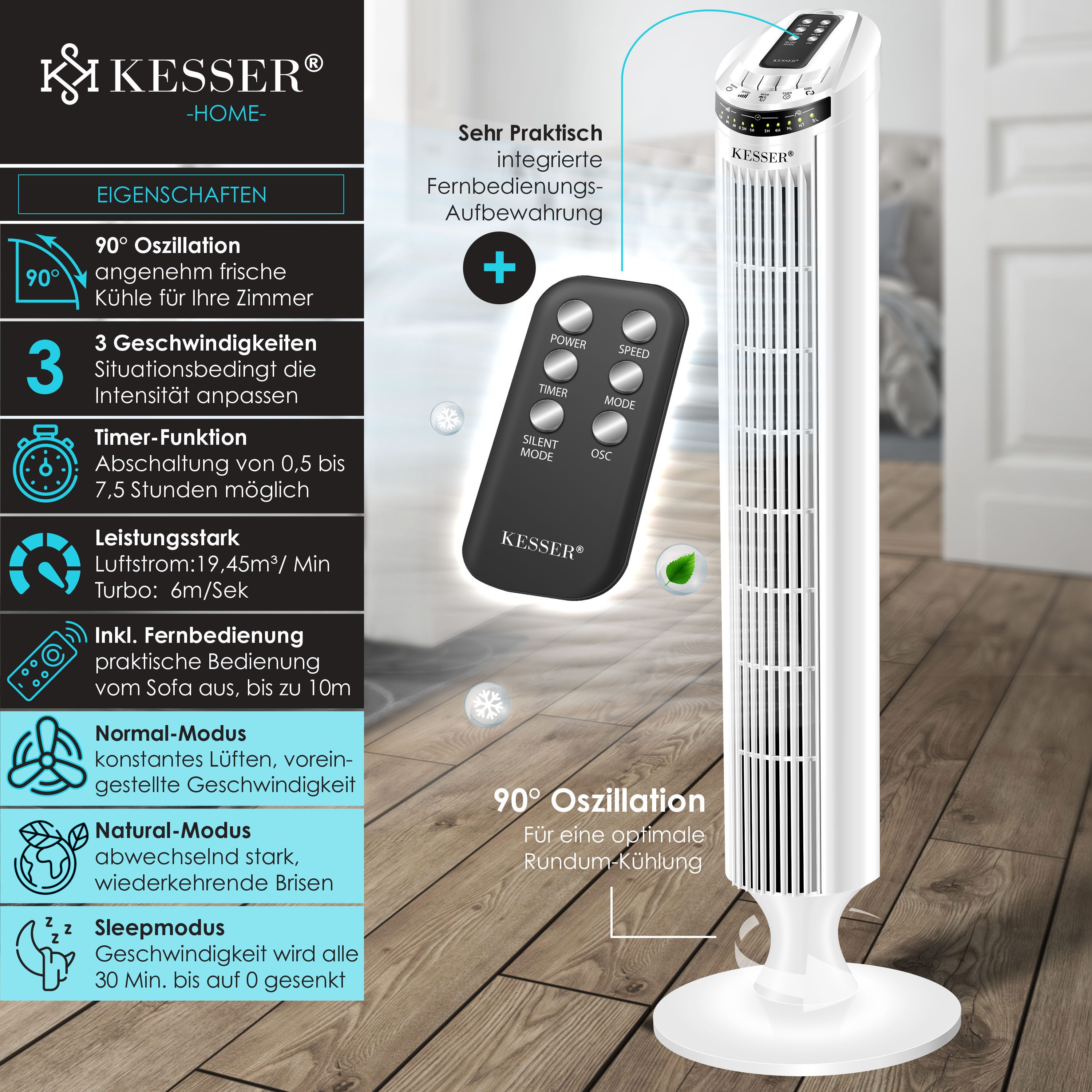 KESSER Turmventilator, Turmventilator FERNBEDIENUNG Ventilator LED Display