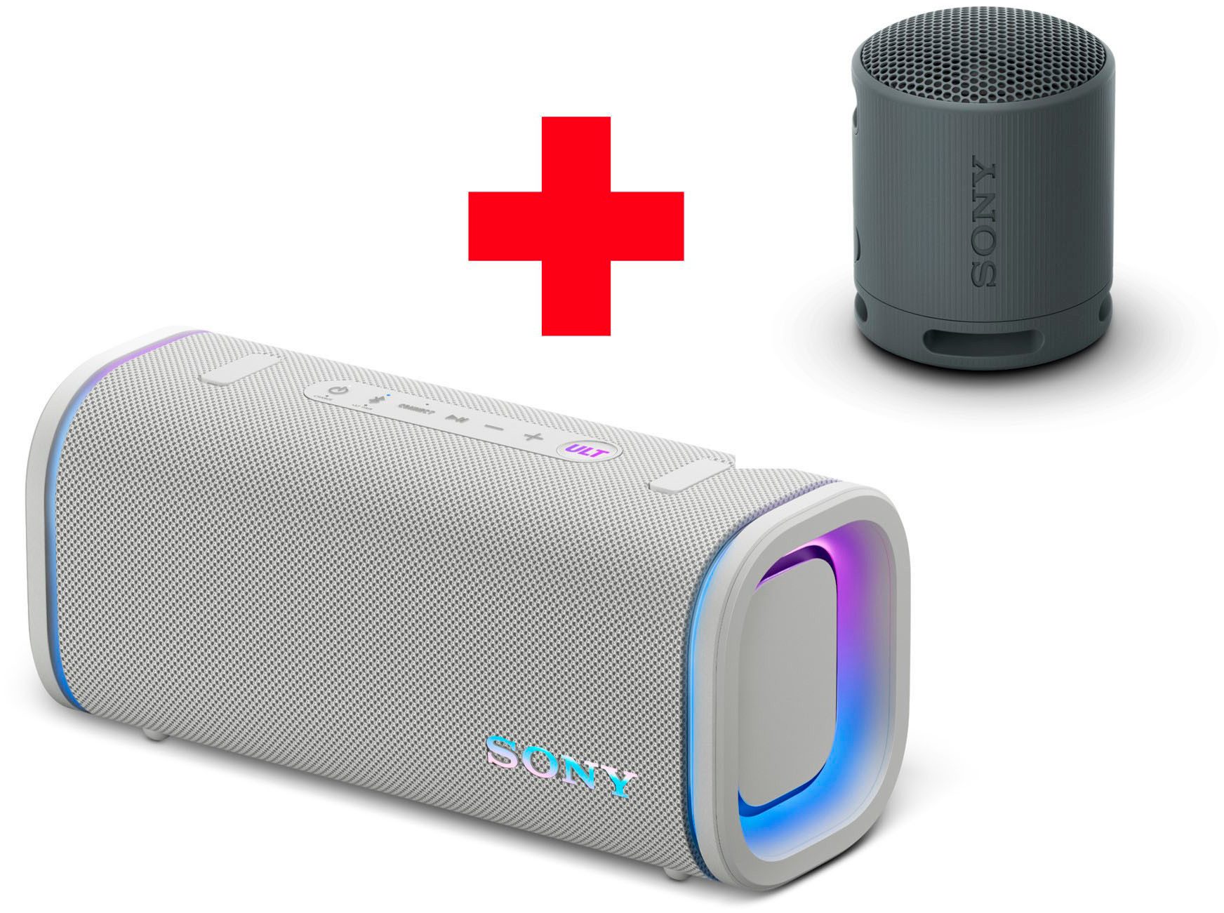 Sony ULT FIELD 5 + SRS-XB100 Bluetooth-Speaker Stereo (A2DP Bluetooth, Bluetooth, AVRCP Bluetooth, 2er Set Bluetooth-Lautsprecher, 25h-Akku, IP67, wasserdicht, 360° LED)