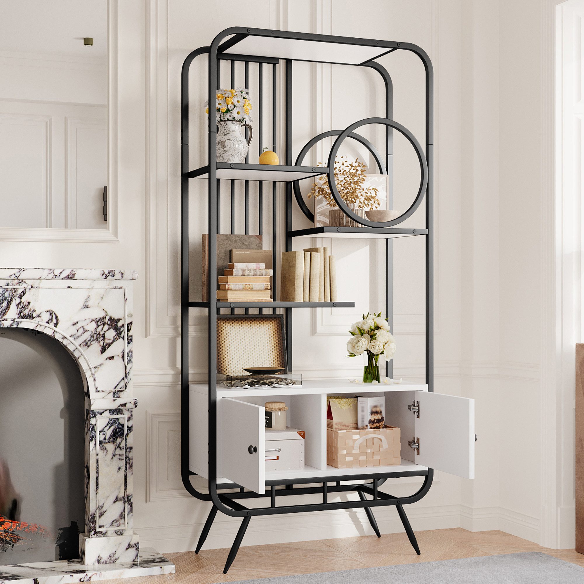 KLAM HOME Bücherregal 80 x 30 x 180 cm Metallregal, weißer Lagerschrank mit Doppeltür, drei Regalböden, schwarzes Metallregal, hohe Metallfüße, runde Dekoration, weiß + schwarz