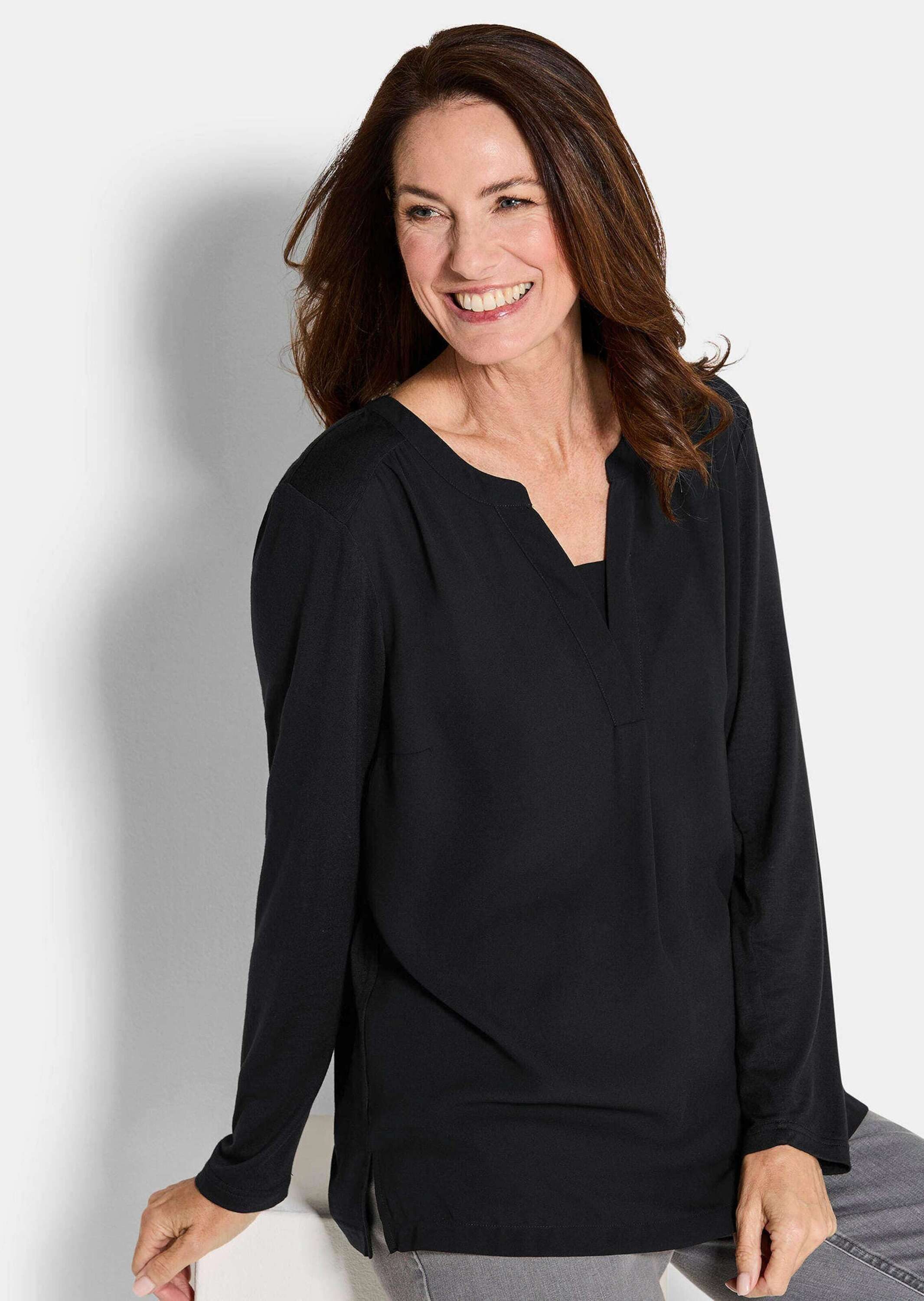 GOLDNER Shirtbluse Elegantes Chiffonshirt mit Jersey-Details Langarmshirt mit Rundhals und V-Schlitz und langen Ärmeln