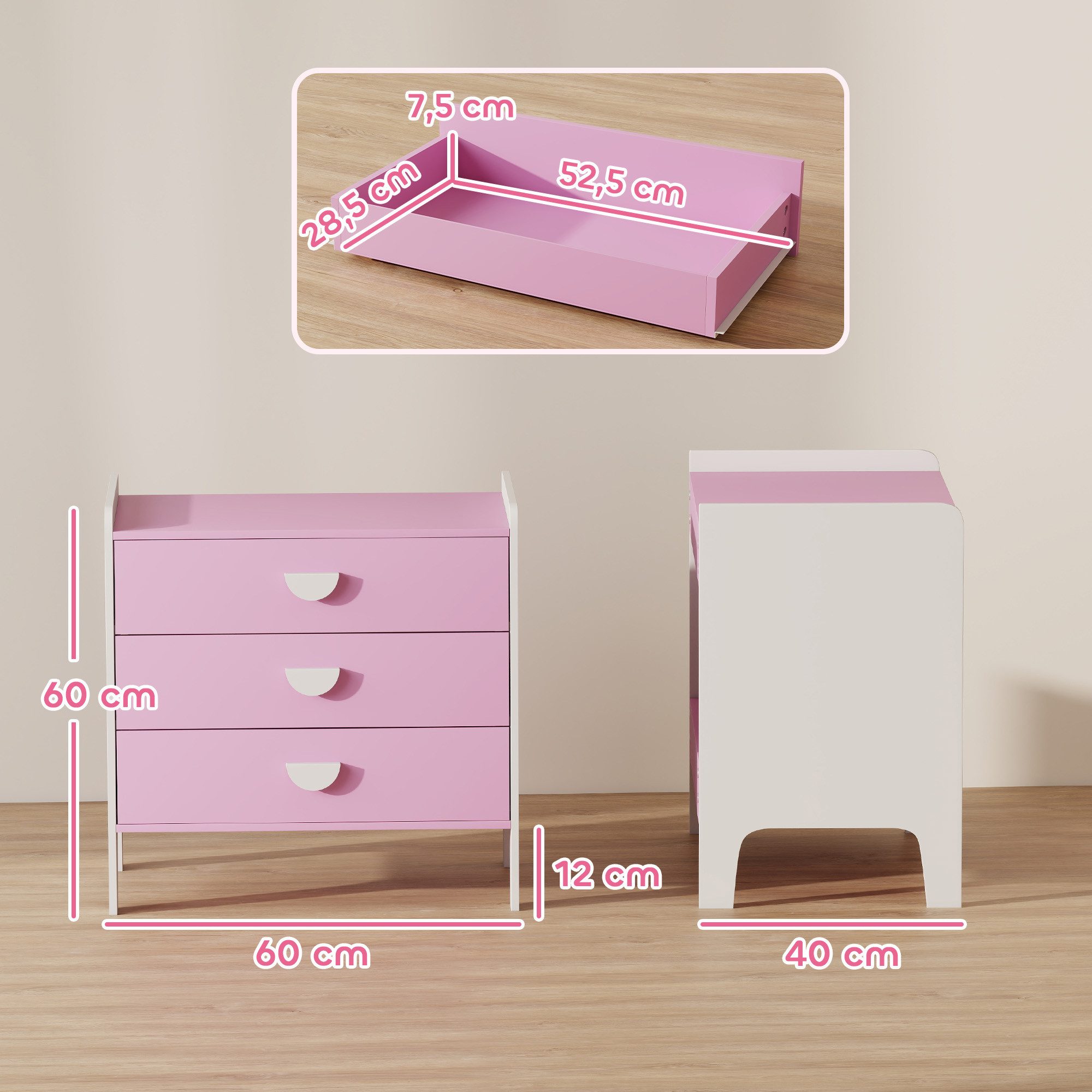 AIYAPLAY Kommode Kinderkommode 3 Schubladen, Schubladenschrank, Spielzeug-Organizer (Spielzeugschrank für Kinder, 1 St., Aufbewahrungsschrank), für Kinderzimmer, Wohnzimmer, 60 x 40 x 60 cm Rosa+Weiß