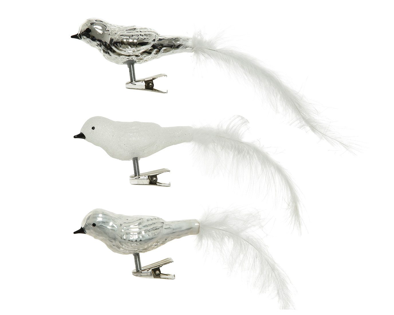 Kaemingk Christbaumschmuck, Christbaumschmuck Glas Vögel auf Clip 8cm 3er Set Silber / Weiß Mix