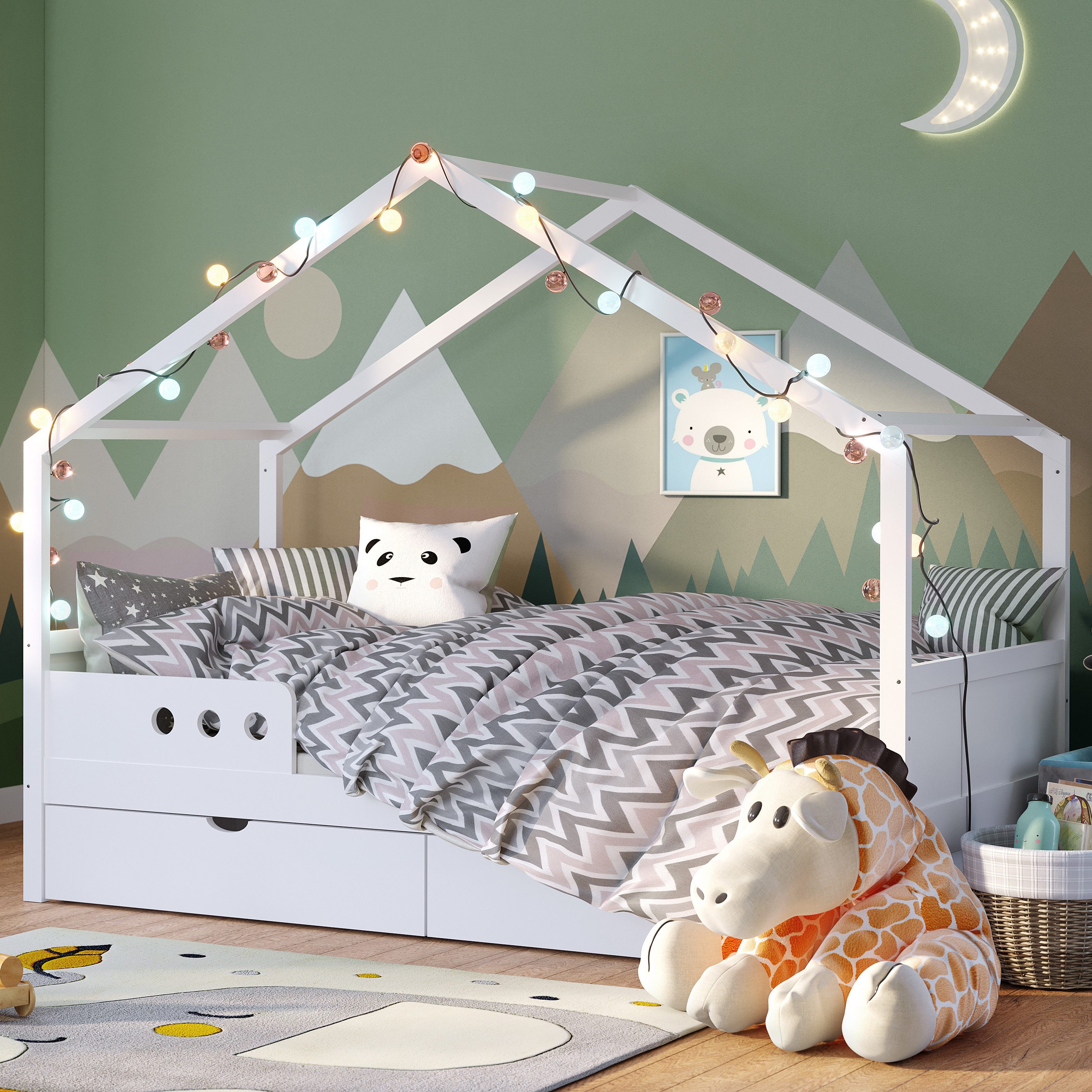 Bellabino Hausbett Bela (Kinderbett 90x200 cm, mit 2 Schubladen, weiß), ink günstig online kaufen