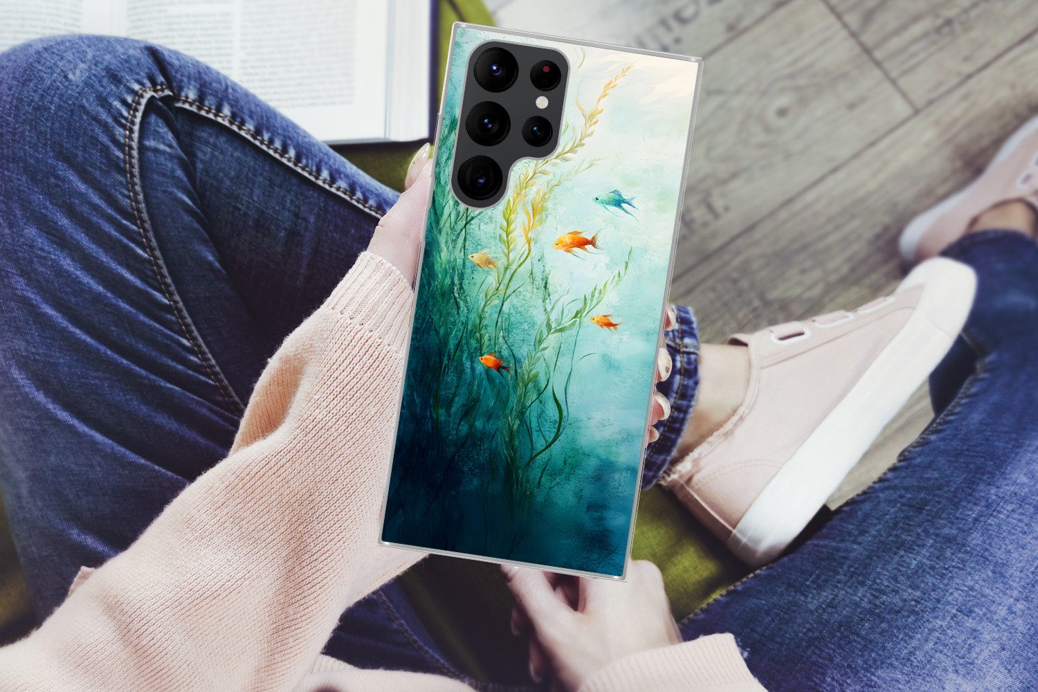 MuchoWow Handyhülle für Samsung Galaxy S22 Ultra Wasserpflanzen - Fische - Farbenfroh - Wa, Phone Case, Silikon, Schutzhülle Dünn
