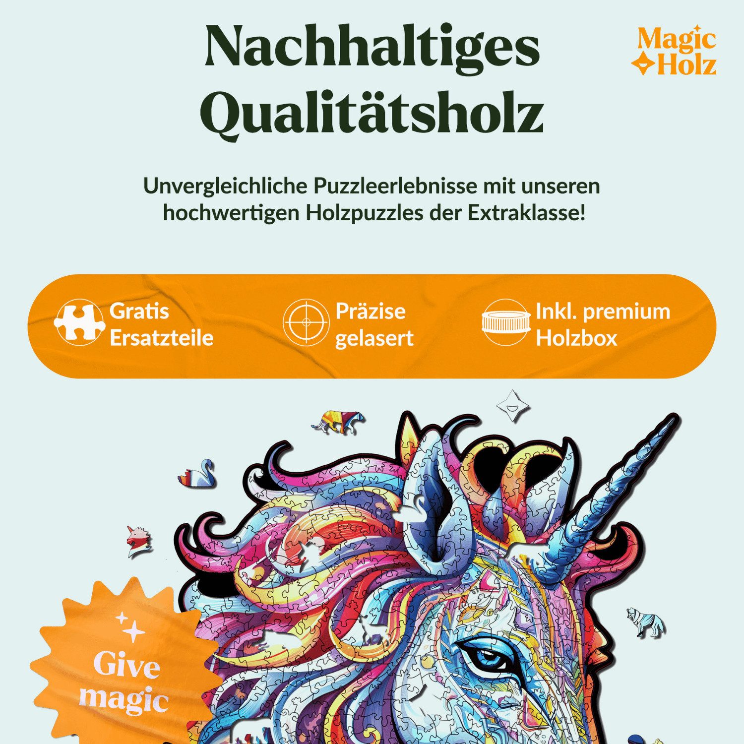 MagicHolz Puzzle Rainbow Unicorn Einhorn Holzpuzzle (2D), 188 Puzzleteile