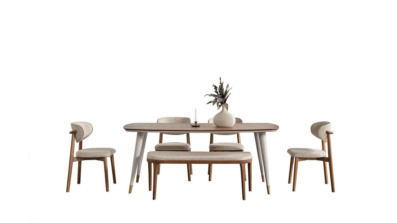 Esszimmer-Set Beiges Esszimmer-Set aus Holz mit bequemen Stühlen und Bank