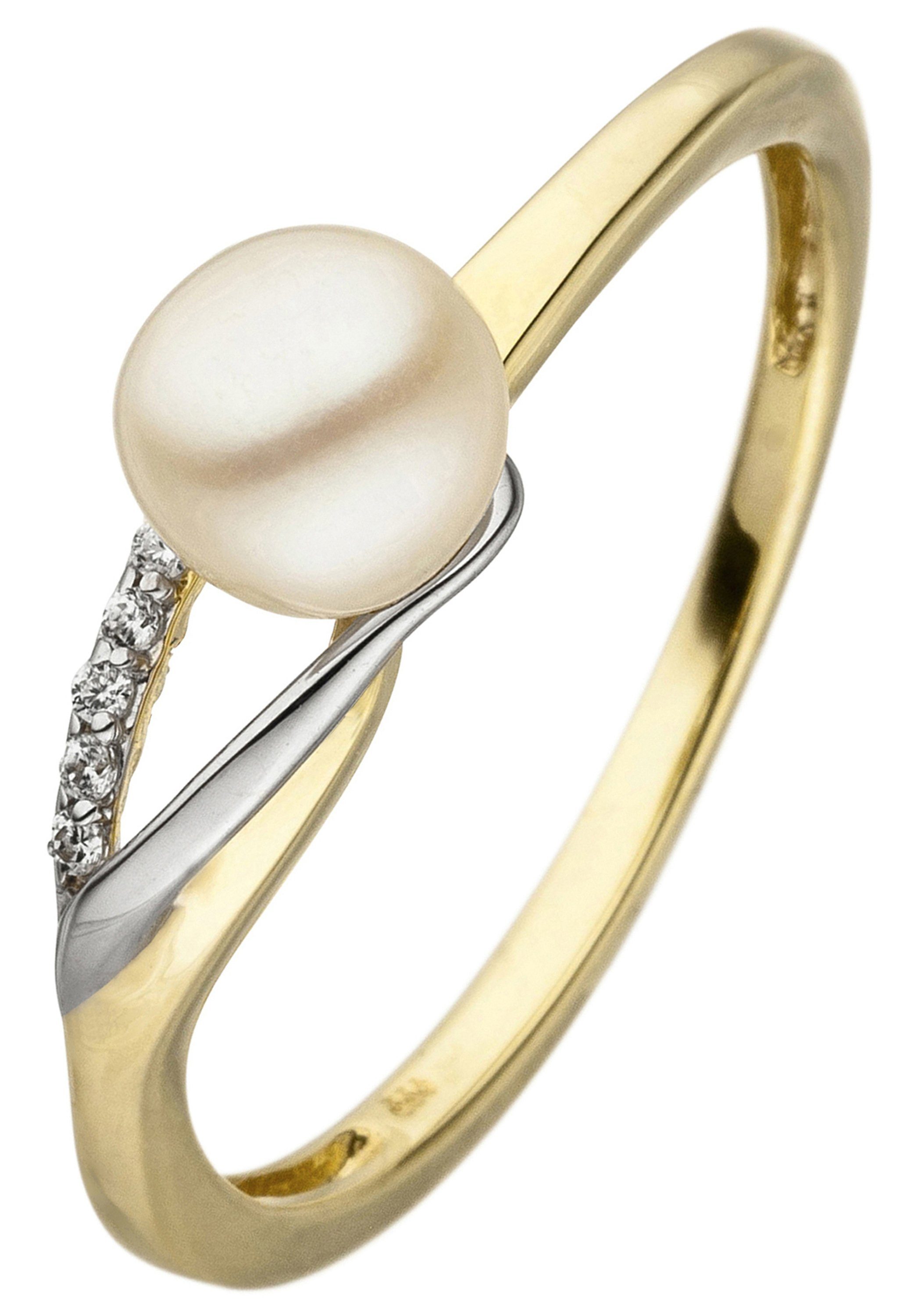 JOBO Perlenring, 333 Gold bicolor mit Süßwasser-Zuchtperle und 6 Zirkonia