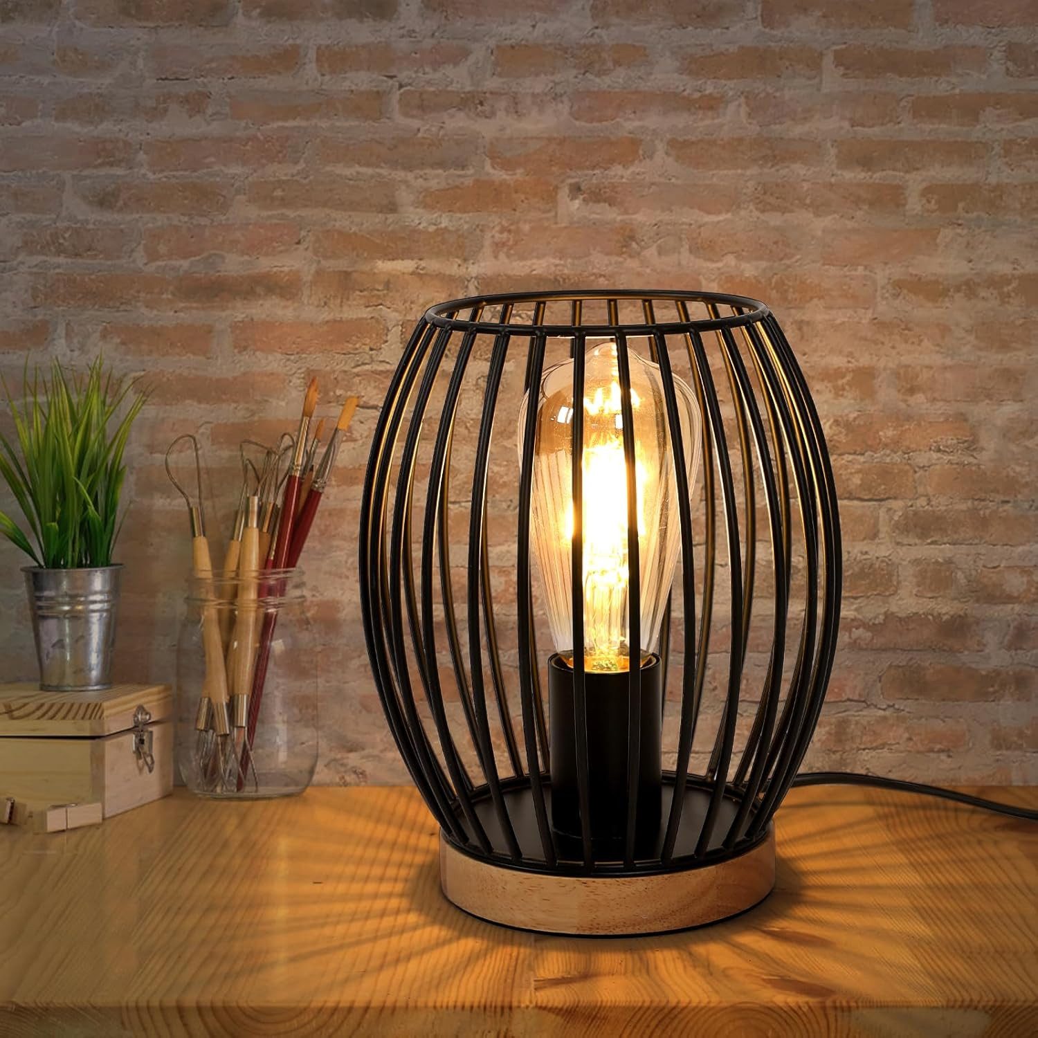 Riserva Außen-Tischleuchte Retro Tischlampe Schwarz mit E27 Fassung & Holz Basis Nachttisch Lampe