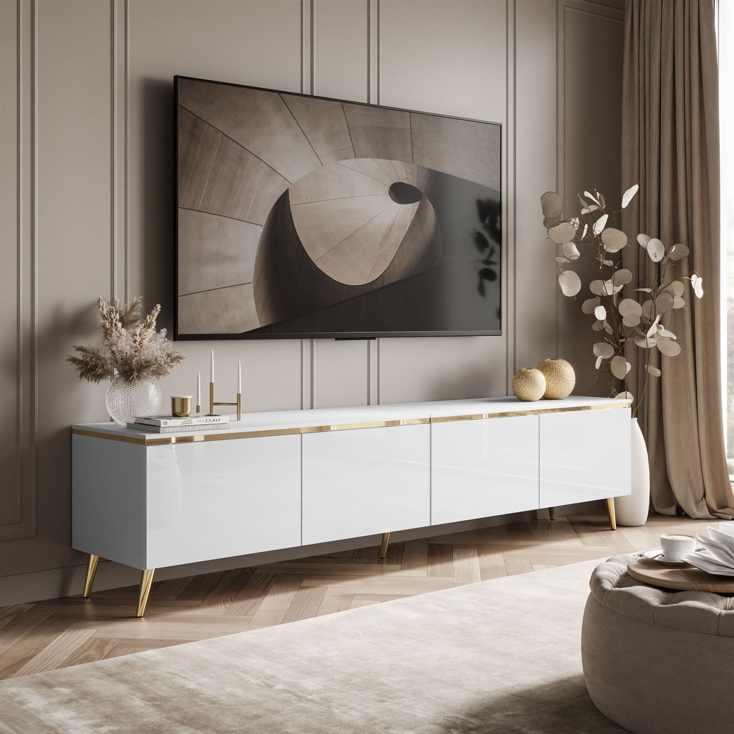 Lookway TV-Schrank CELINE GLOSS 200 auf goldenen Füßen mit LED-Beleuchtung