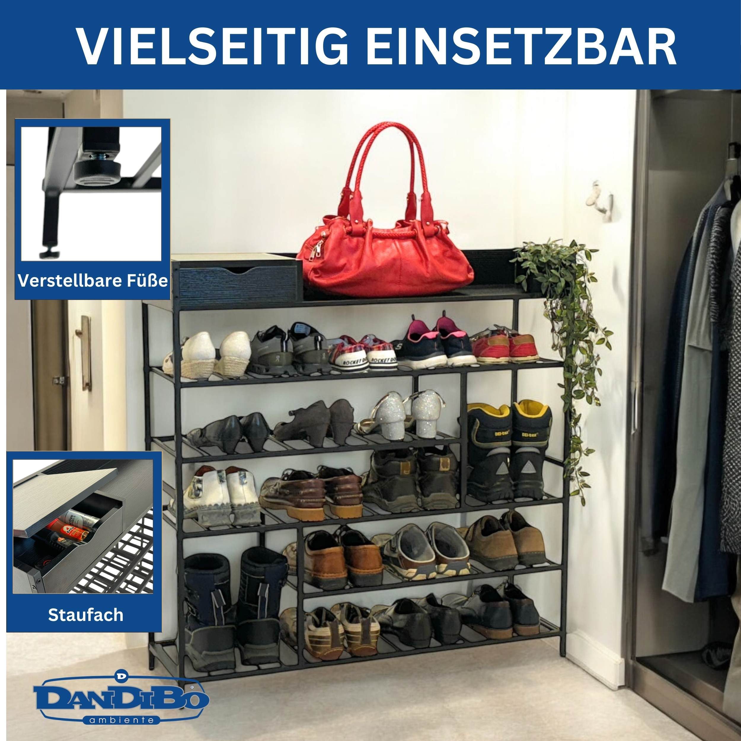 DanDiBo Schuhregal Schmal Hoch Metall Schwarz Modern 6 Etagen 100 cm mit Ablage, Schuhständer mit Stauraum Schuhablage Schuhaufbewahrung Regal Design