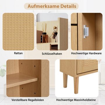 REDOM Schuhschrank aus Rattan (Schuhschrank mit 3 Kipp-Türen und 1 Schublade) Maße: B90/H125/T17 cm