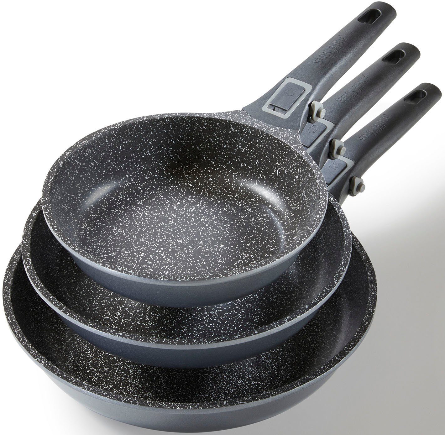 STONELINE Pfannen-Set Imagination PLUS, Aluminiumguss (Set, 3-tlg., je 1 Pfanne Ø 20/24/28 cm, Fassungsvermögen 1,2 L/1,9 L/3,0 L), einzigartige Steinpartikel-Beschichtung, Induktion