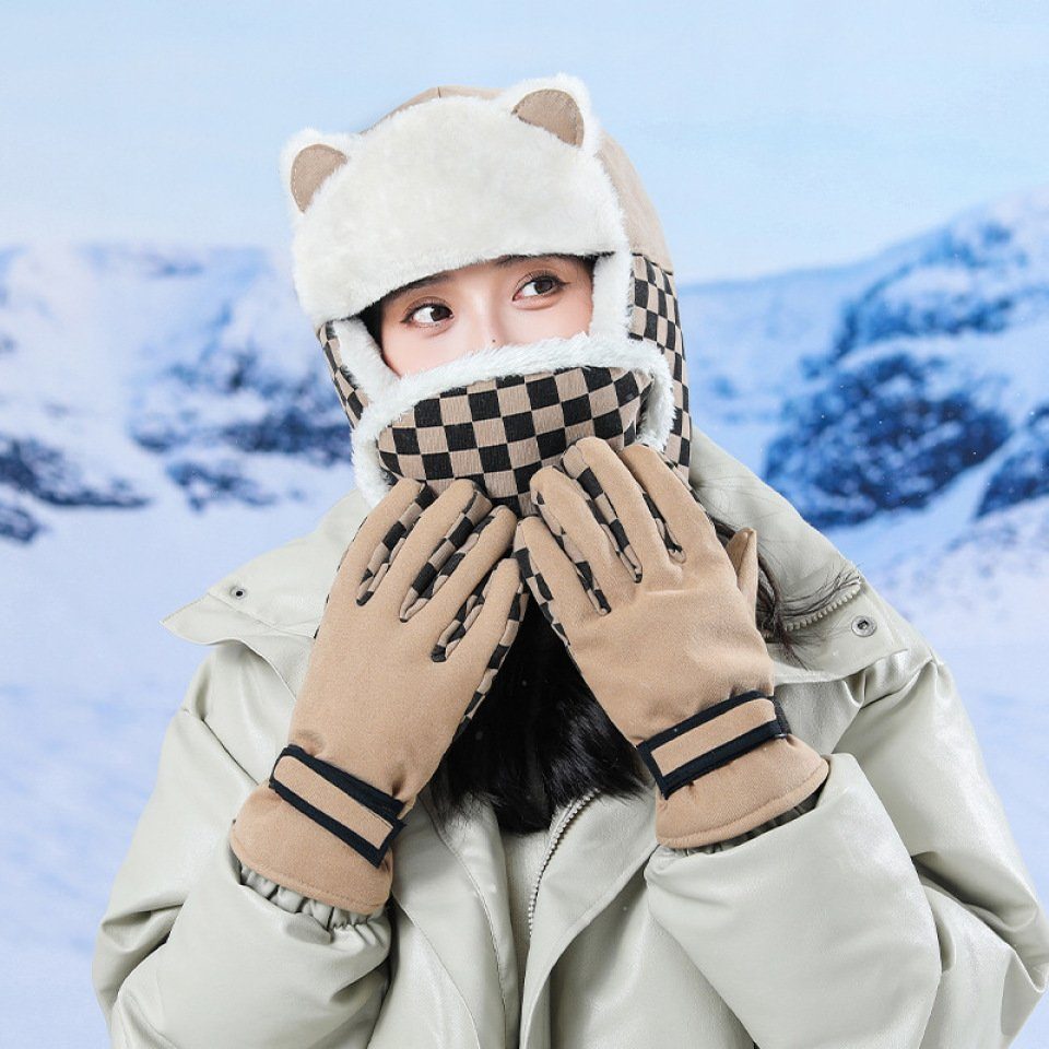 Blusmart Skimütze Neue hat Maske, Handschuhe, Radfahren, Damen, Mütze khaki Wintermütze Für