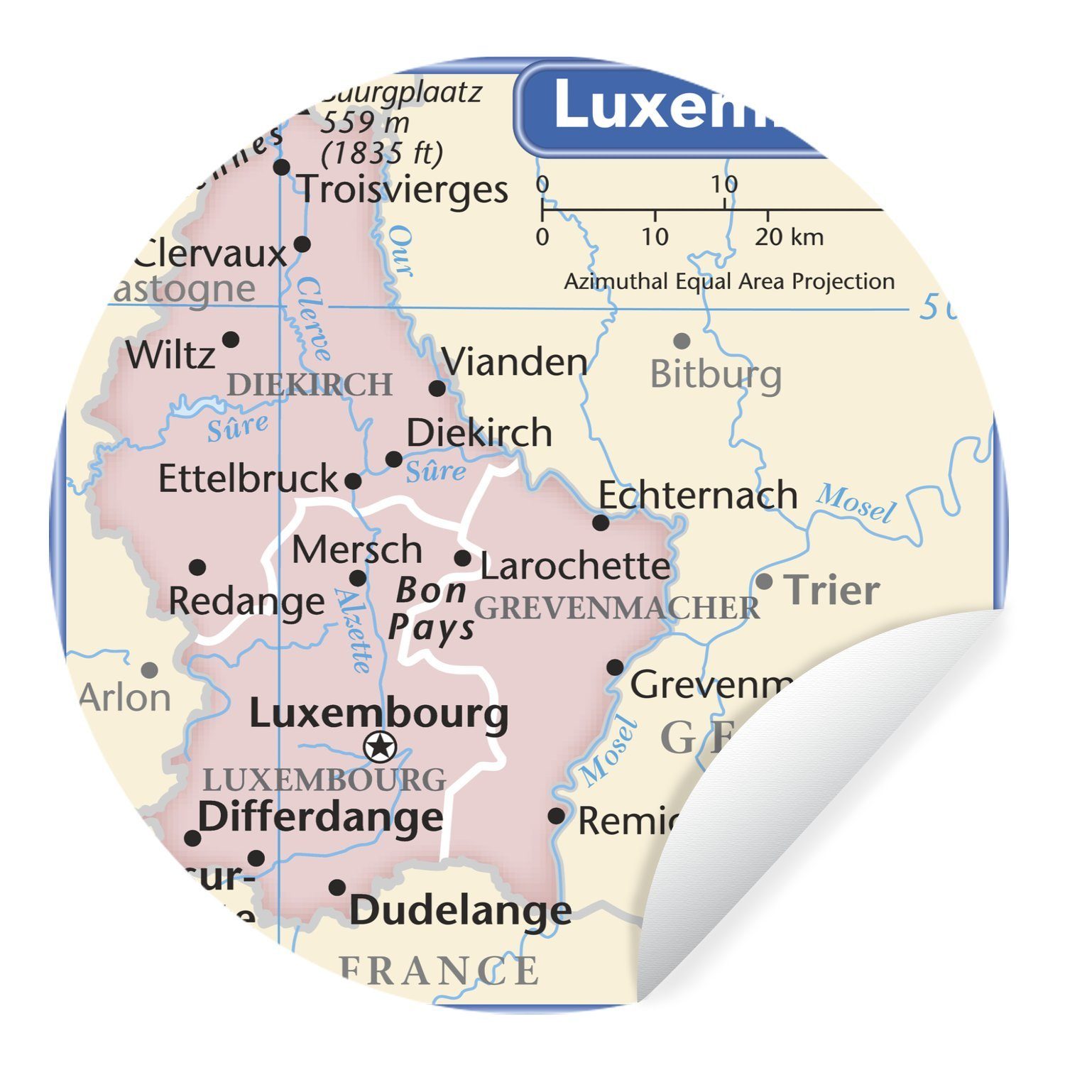MuchoWow Wandsticker Illustration einer Karte von Luxemburg mit blauem Rand (1 St), Tapetenkreis für Kinderzimmer, Tapetenaufkleber, Rund, Wohnzimmer