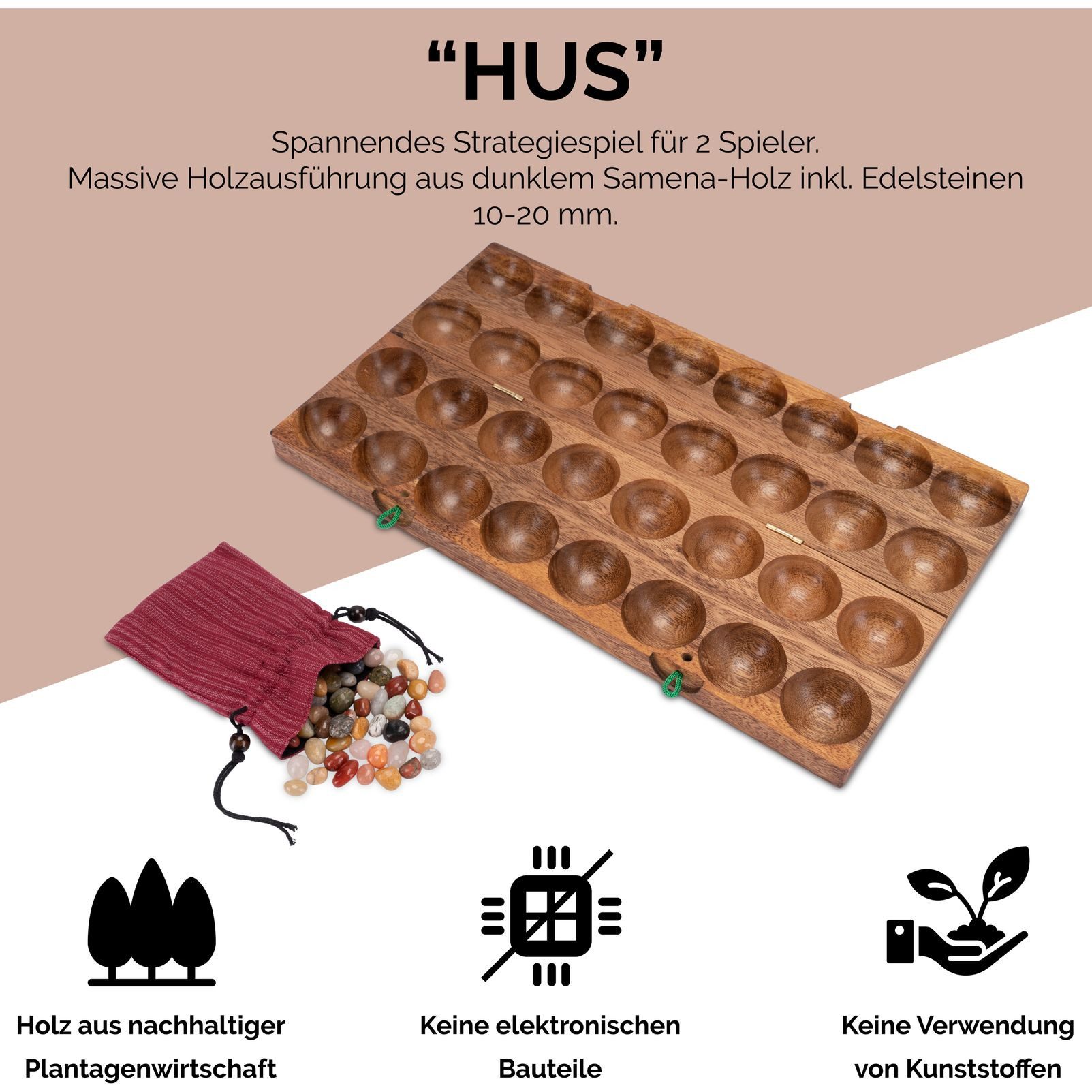 LOGOPLAY Spiel Hus Samena, Gesellschaftsspiel, Hus Spiel für 2 Spieler Bao Kalaha mit Edelsteinen und Stoffbeutel