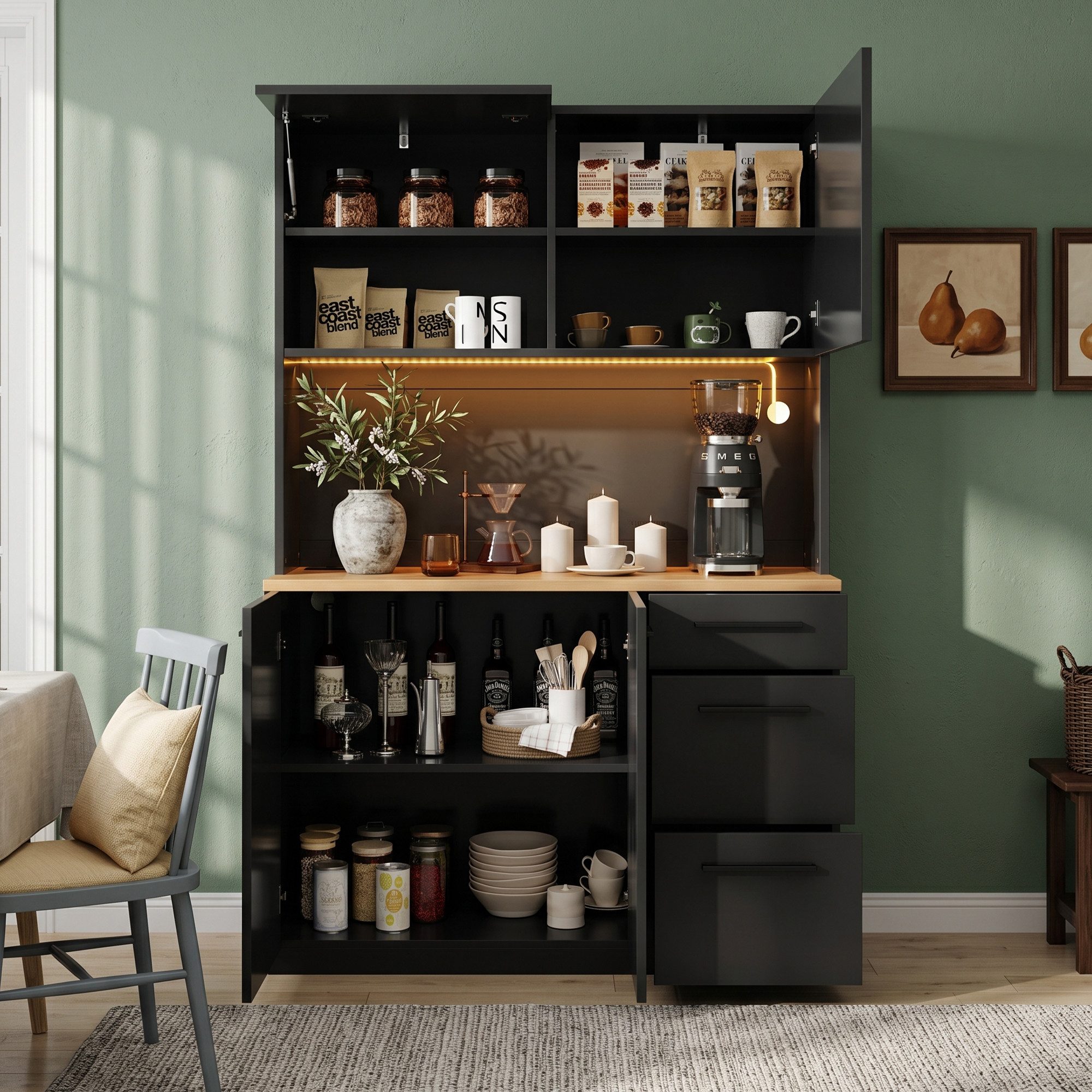 Flieks Küchenbuffet mit Steckdosen, LED-Beleuchtung und verstellbarer Einlegeböden (mit naturfarbener Arbeitsplatte in Holzoptik, 1-St., B120/T40/H180 cm) Hochschrank Küchenschrank Geschirrschrank mit Ladefunktion Schwarz