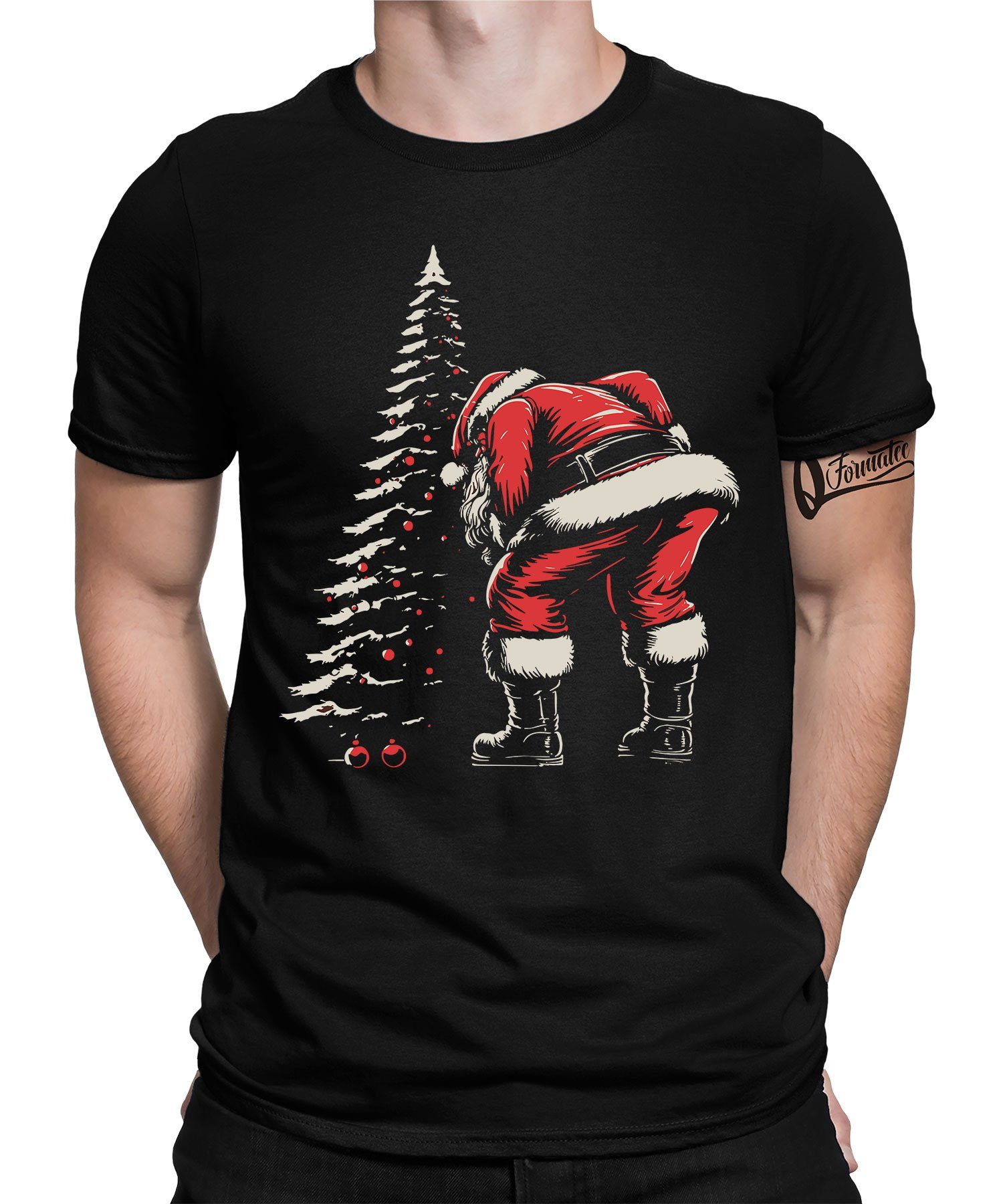 Weihnachtsbaum Weihnachtsmann Schwarz - Weihnachtsgeschenk (1-tlg) Kurzarmshirt X-mas Formatee Weihnachten Quattro