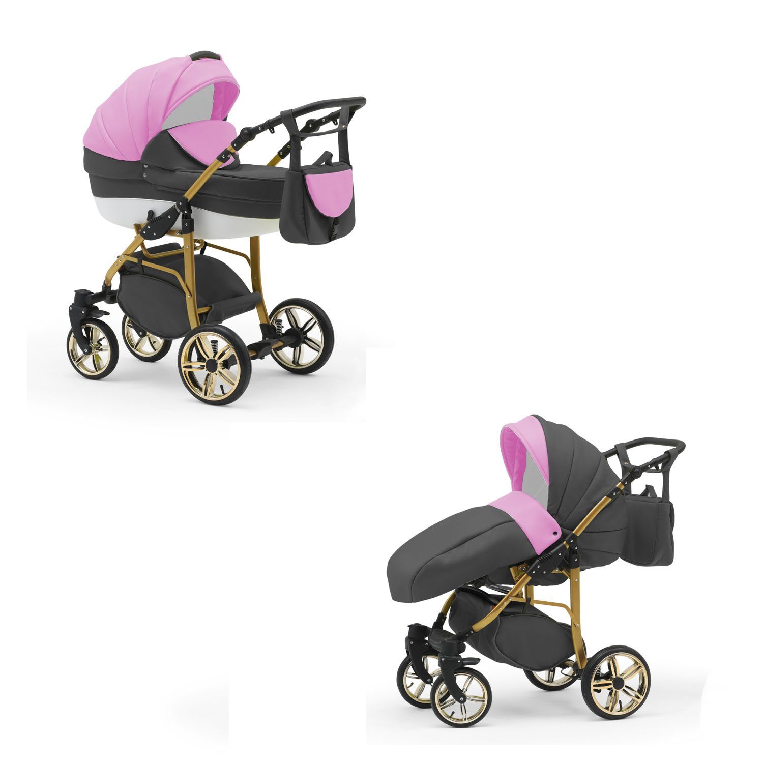 in Kinderwagen-Set 1 Kombi-Kinderwagen Cosmo Gold - 13 in Farben 2 - 46 babies-on-wheels Teile Pink-Grau-Weiß