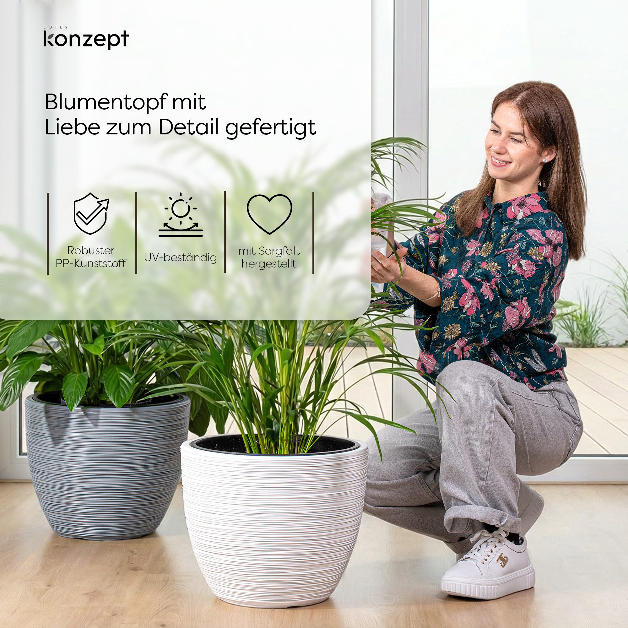 KONZEPT Blumentopf 39 cm Durchmesser aus Kunststoff mit Einsatz, Meißelstruktur, Drainage optional, Herausnehmbarer Pflanzeinsatz, Indoor, Outdoor – Bild 2 von 5