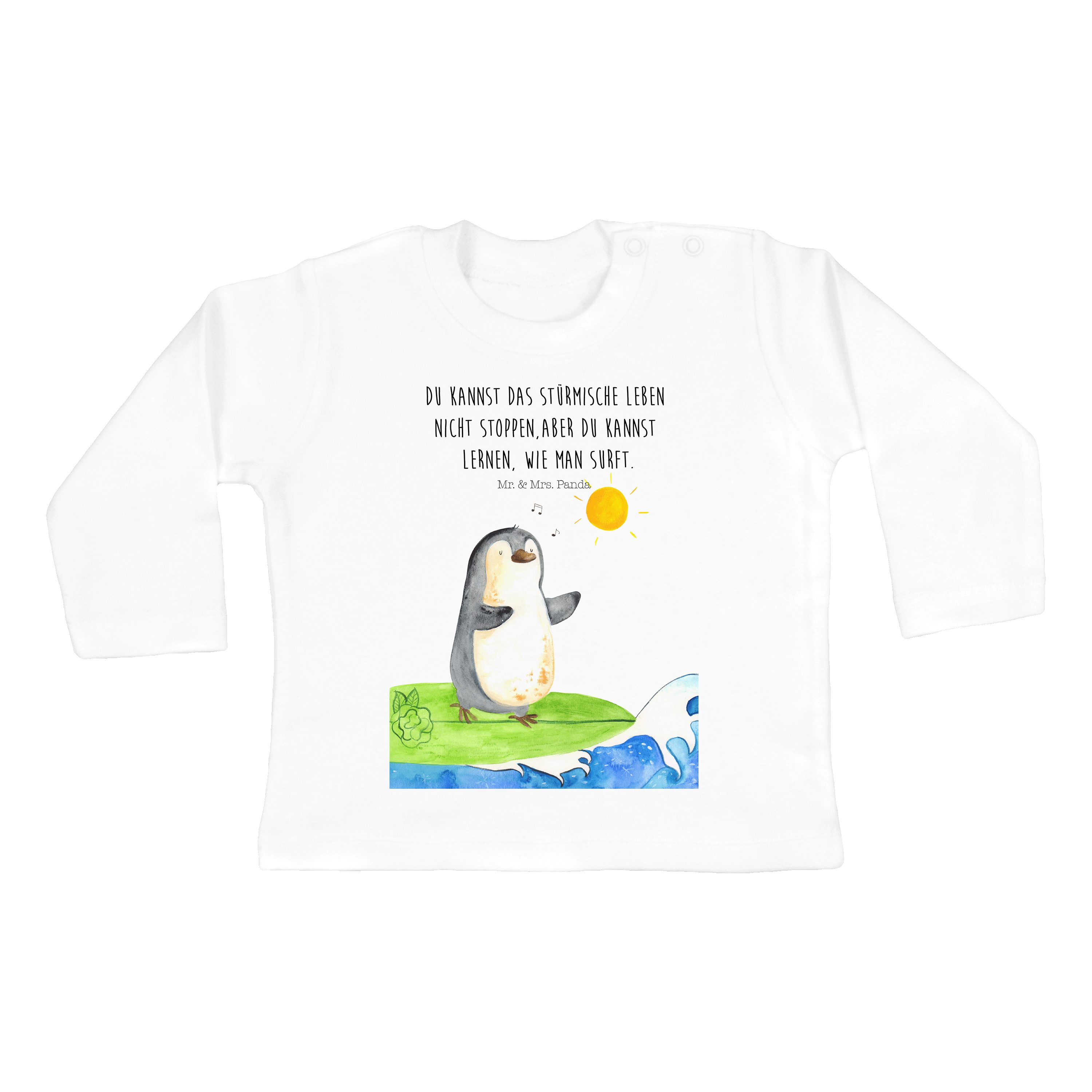 Mr. & Mrs. Panda Strampler Langarmshirt, Surfer - Longsleeve, (1-tlg) Wellen, Pinguin Geschenk, H - Weiß