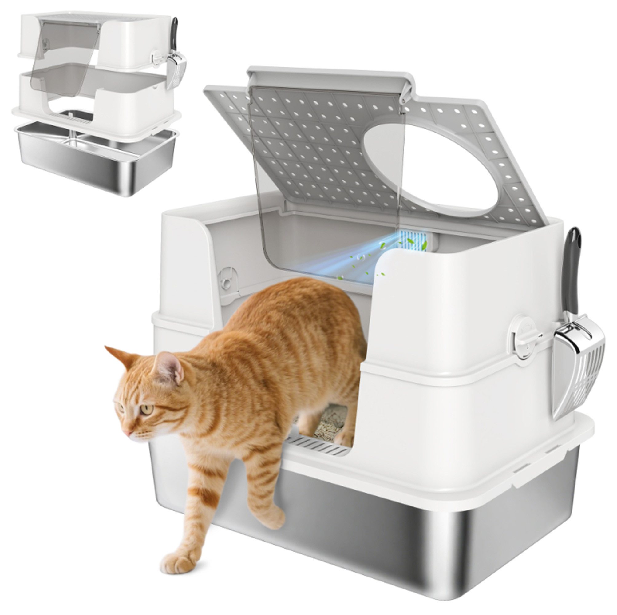 ibettertec Katzentoilette Katzenklo, Katzentoilette, Edelstahl, XXL, mit Deckel, Doppeltüren, geruchsresistent, kratzfest, leicht zu reinigen, geräumig für Katzen