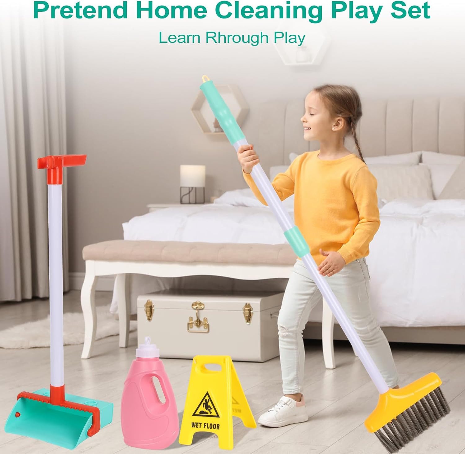 LaCute Kinder-Putzwagen Kinder Reinigungsset Spielzeug mit Besen Mop und Kehrschaufel, (Kinder Reinigungsset Spielzeug mit Besen Mop Kehrschaufel Zubehör, Reinigungs Spielzeug Set mit Besen Mop Kehrschaufel Zubehör), Rollenspiel Reinigungszubehör Höhenverstellbare Stiele