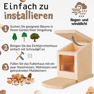 Oramics Eichhörnchenkobel 2x Eichhörnchen Holz Futterhaus Futterstelle Futterbox zum Aufhängen, mit großem Sichtfenster für optimale Futter-Überwachung
