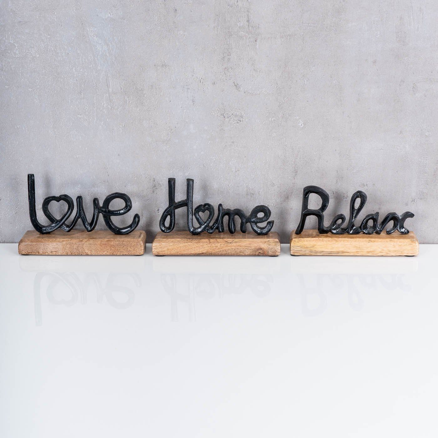 Levandeo® Deko-Schriftzug, Holz Set Metall Schriftzug 3er Home Mango Schwarz Relax Love