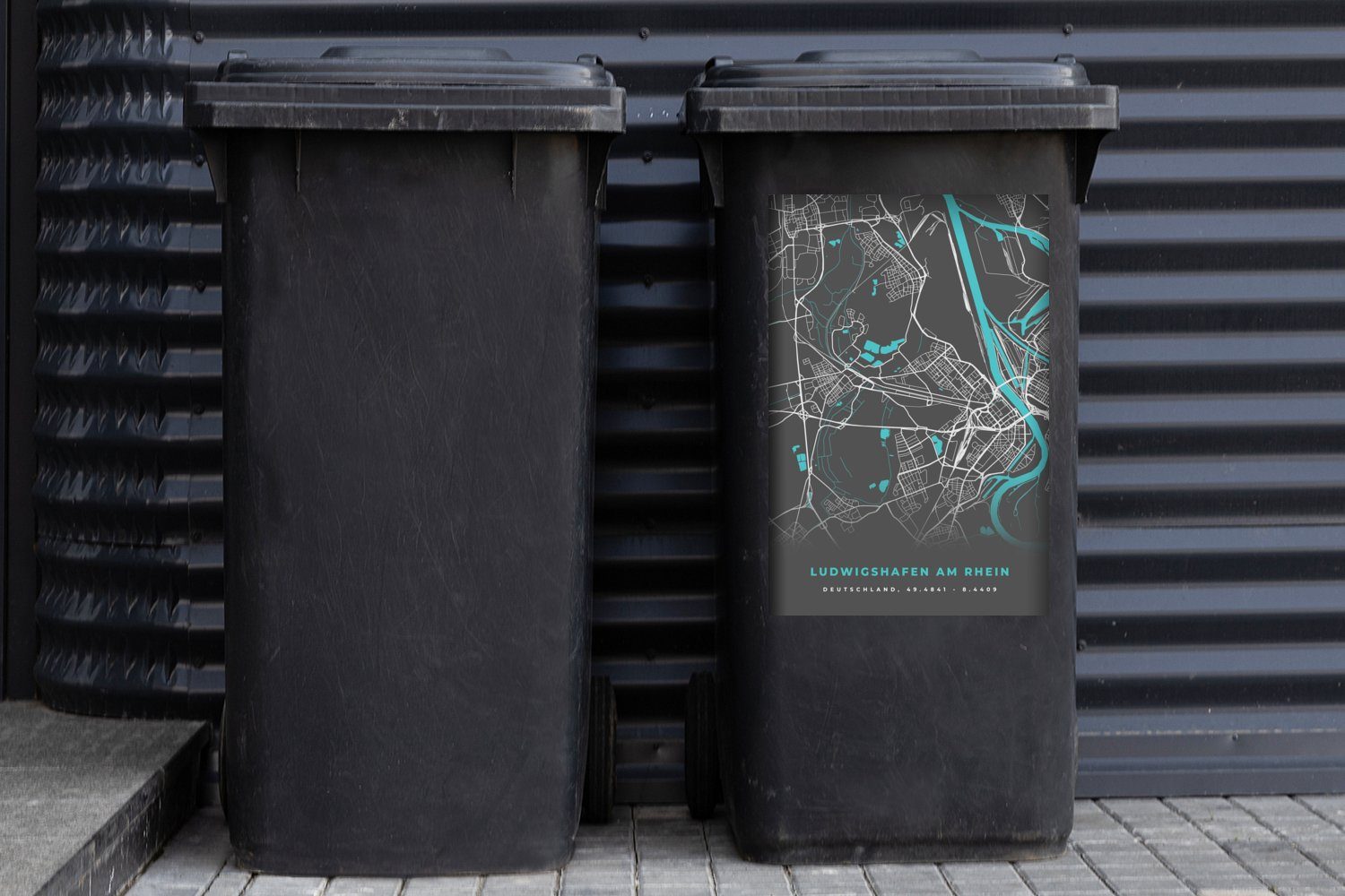 Container, - MuchoWow Mülleimer-aufkleber, am Stadtplan - - (1 Ludwigshafen Deutschland Mülltonne, Rhein St), Karte Wandsticker Sticker, - Blau Abfalbehälter