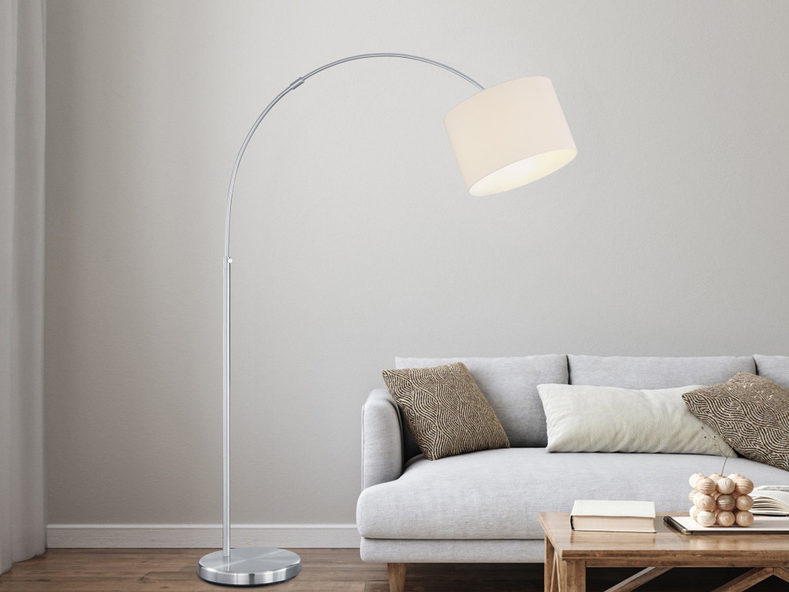 meineWunschleuchte LED Bogenlampe, Dimmfunktion, LED wechselbar, Warmweiß, höhenverstellbar mit Stoffschirm Weiß, Stehlampe Bogen max. Höhe 215cm