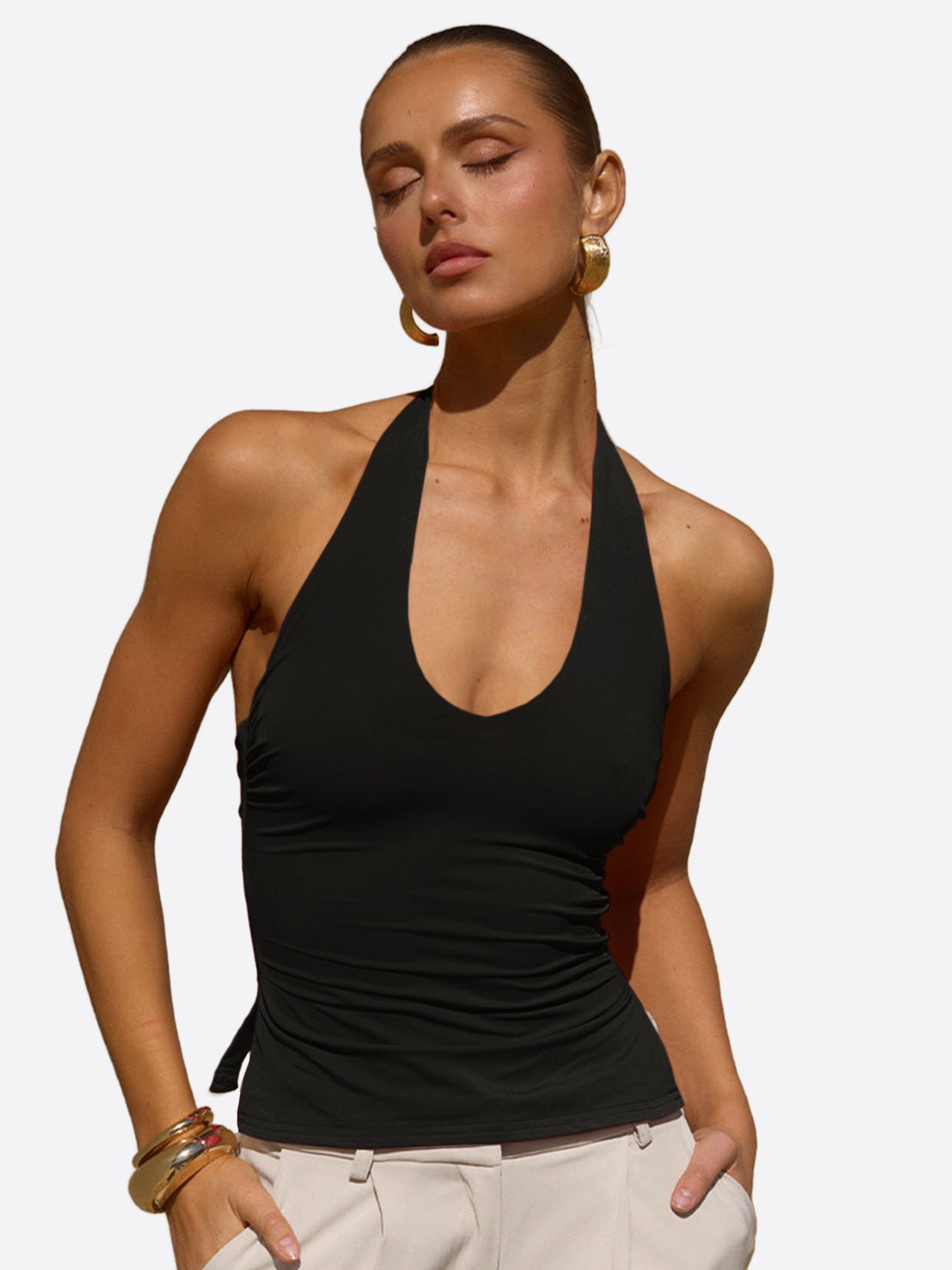 Imily Bela Tanktop Damen Halterneck Top mit freiem Rücken (Packung, 1-tlg., 1per-Pack) Seitenschlitze