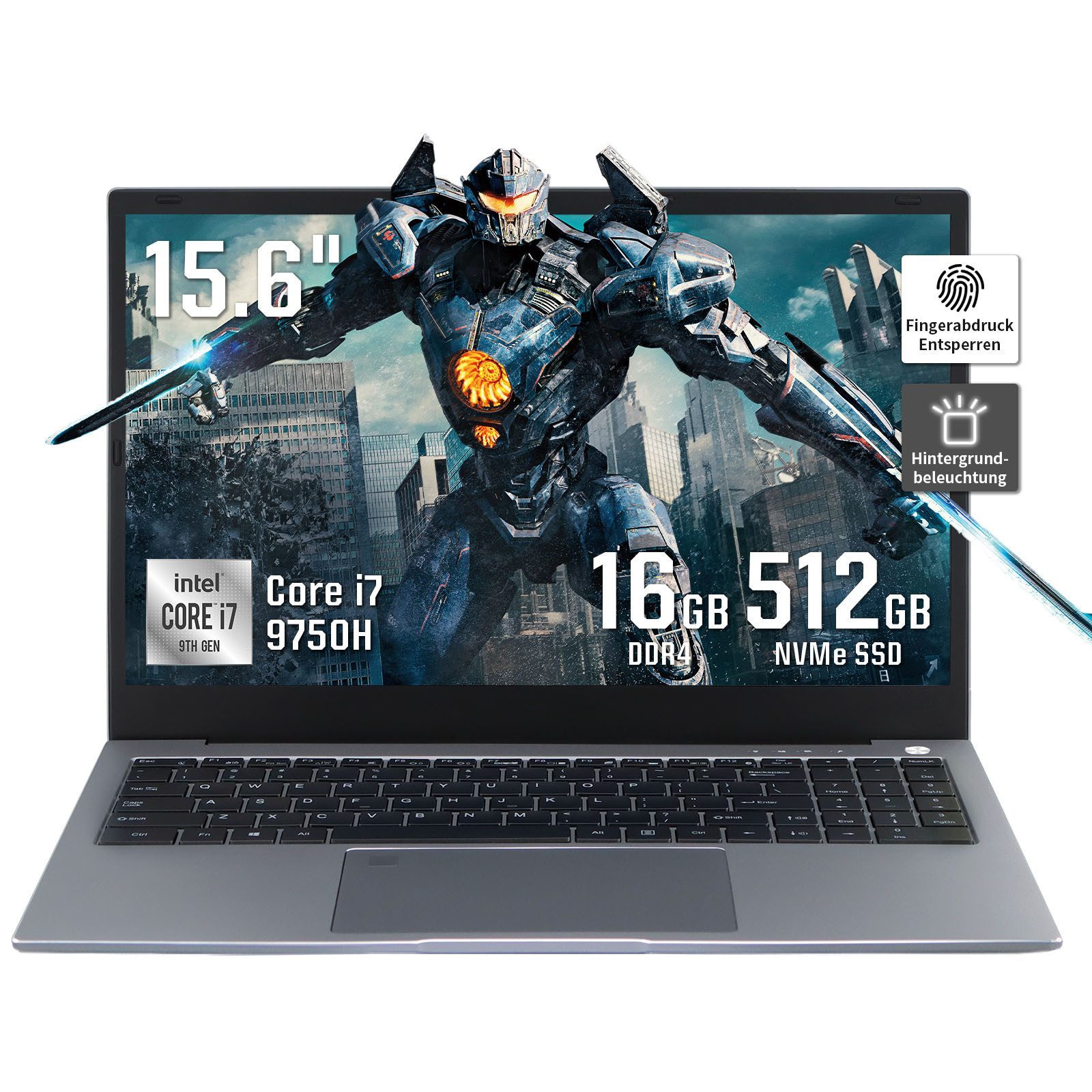 LONGEVINCE 15.6" Laptop, Core i7-9750H, 16GB RAM, 512GB SSD, Fingerabdruck Notebook (Intel, 512 GB SSD, Core i7-9750H (bis zu 4,5 GHz), ideal für Business/Büro/Studenten)