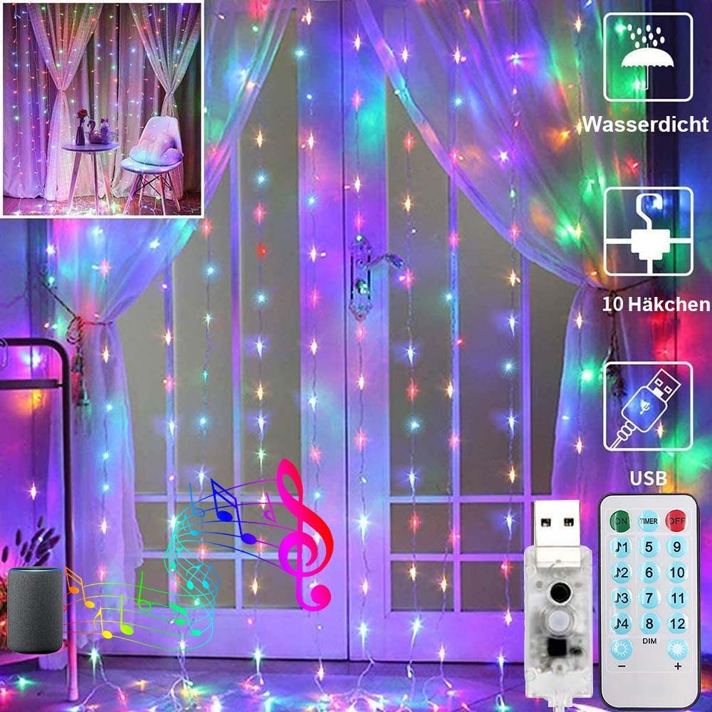 MUPOO LED-Lichterkette Vorhang-Lichterkette 300LED Led Timer Vorhangbeleuchtung LED-Vorhangleuchte, Mehrfarbig Modi IP65,3X3M,Fernbedienung, Musikmodus/8 LED Dekolicht USB