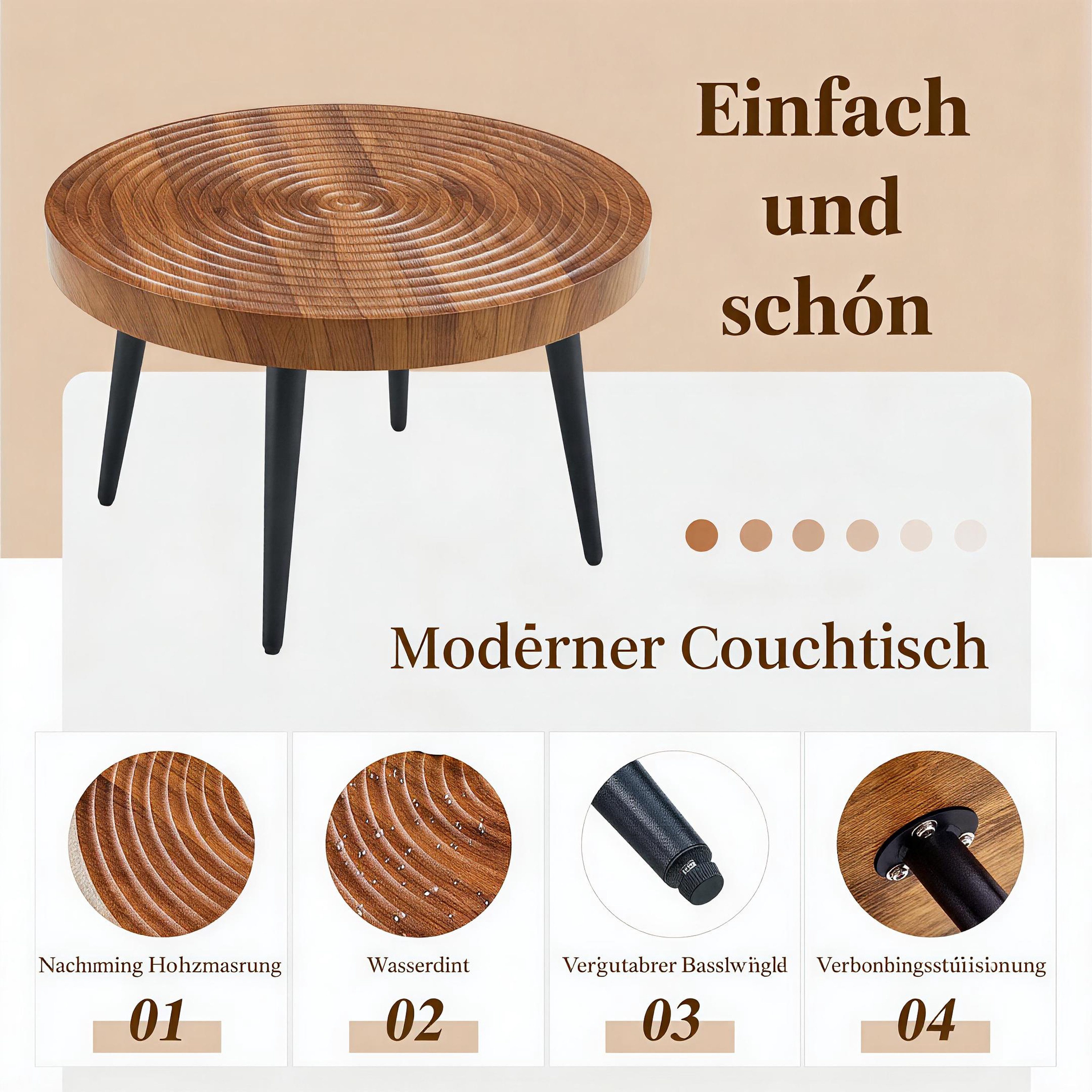 i@home Couchtisch Runder 5 cm starker Platte die Jahresringe aufweist (Packung Set), mit verstärkter Tischplatte und schlanken schwarzen Metallbeinen