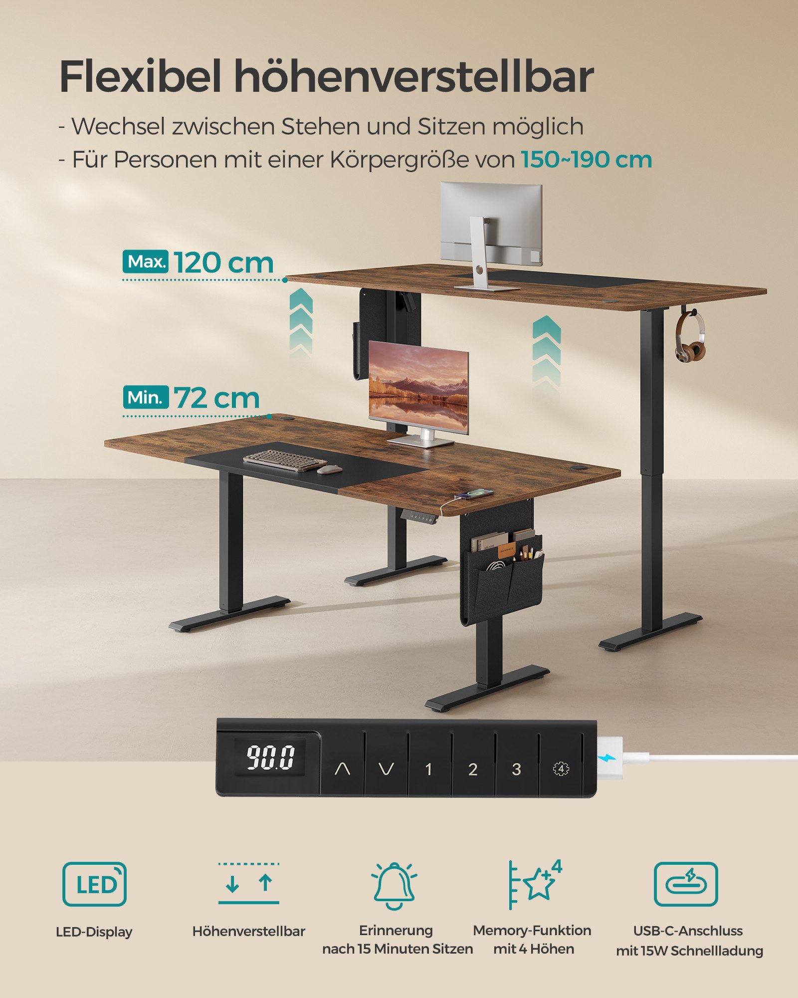 SONGMICS Schreibtisch Höhenverstellbarer elektrisch, USB-C-Anschluss (mit Stoff- Organizer), stufenlos verstellbar, Memory-Funktion mit 4 Höhen, 120/140/160/180 cm