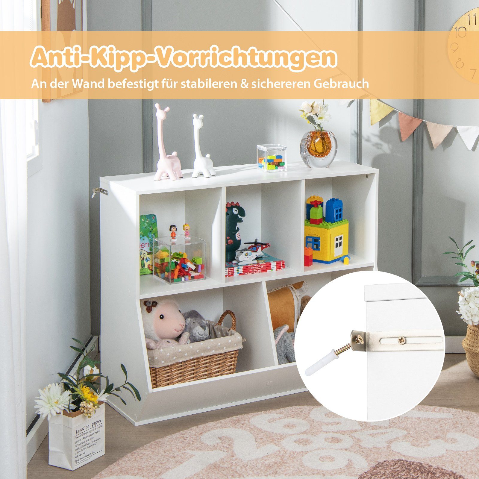 COSTWAY Bücherregal, Kinder, mit 5 Würfelfächern & Kippschutz, Holz, 90x40x76cm