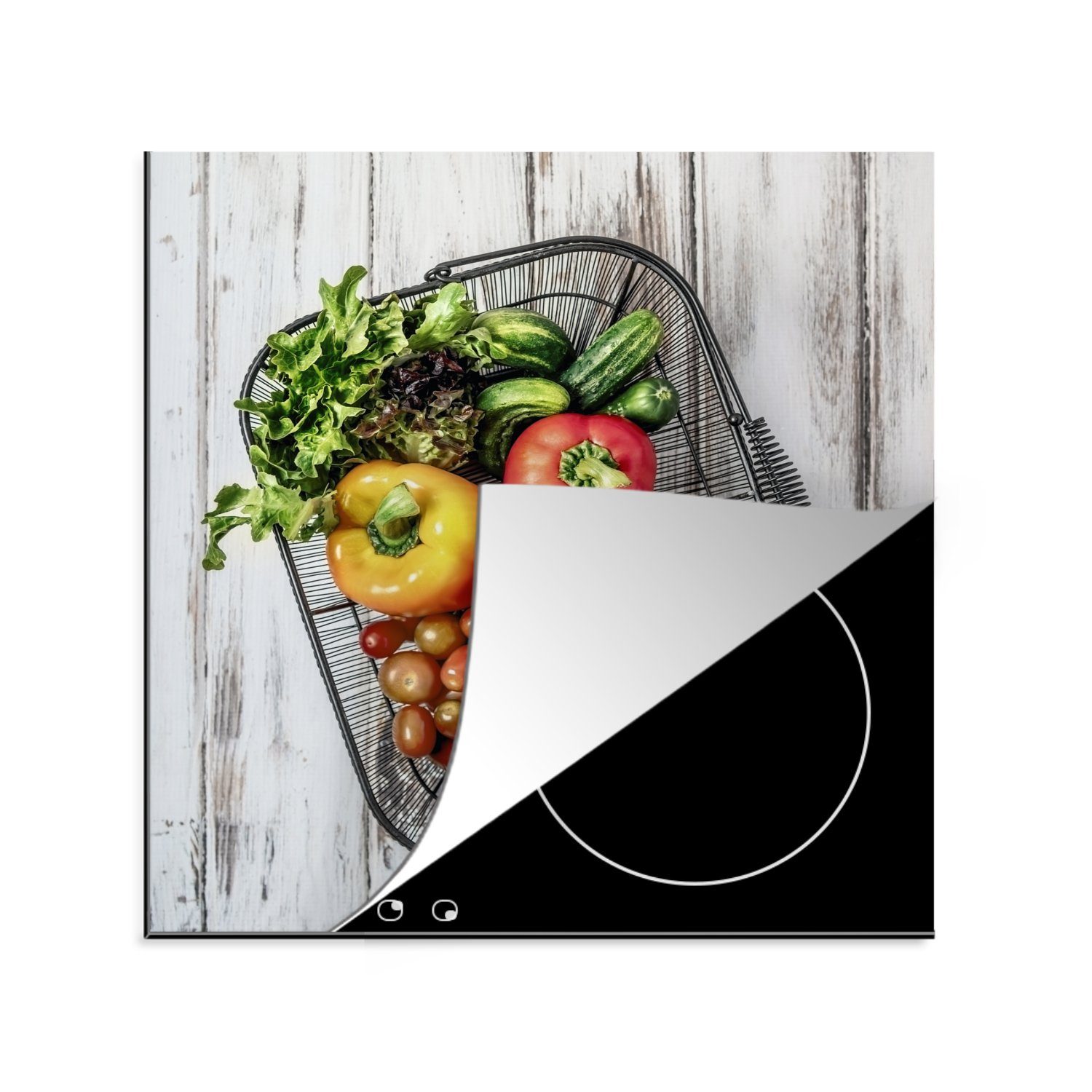 MuchoWow Herdblende-/Abdeckplatte Draufsicht auf einen Korb mit verschiedenen Gemüsesorten, Vinyl, (1 tlg), 78x78 cm, Ceranfeldabdeckung, Arbeitsplatte für küche