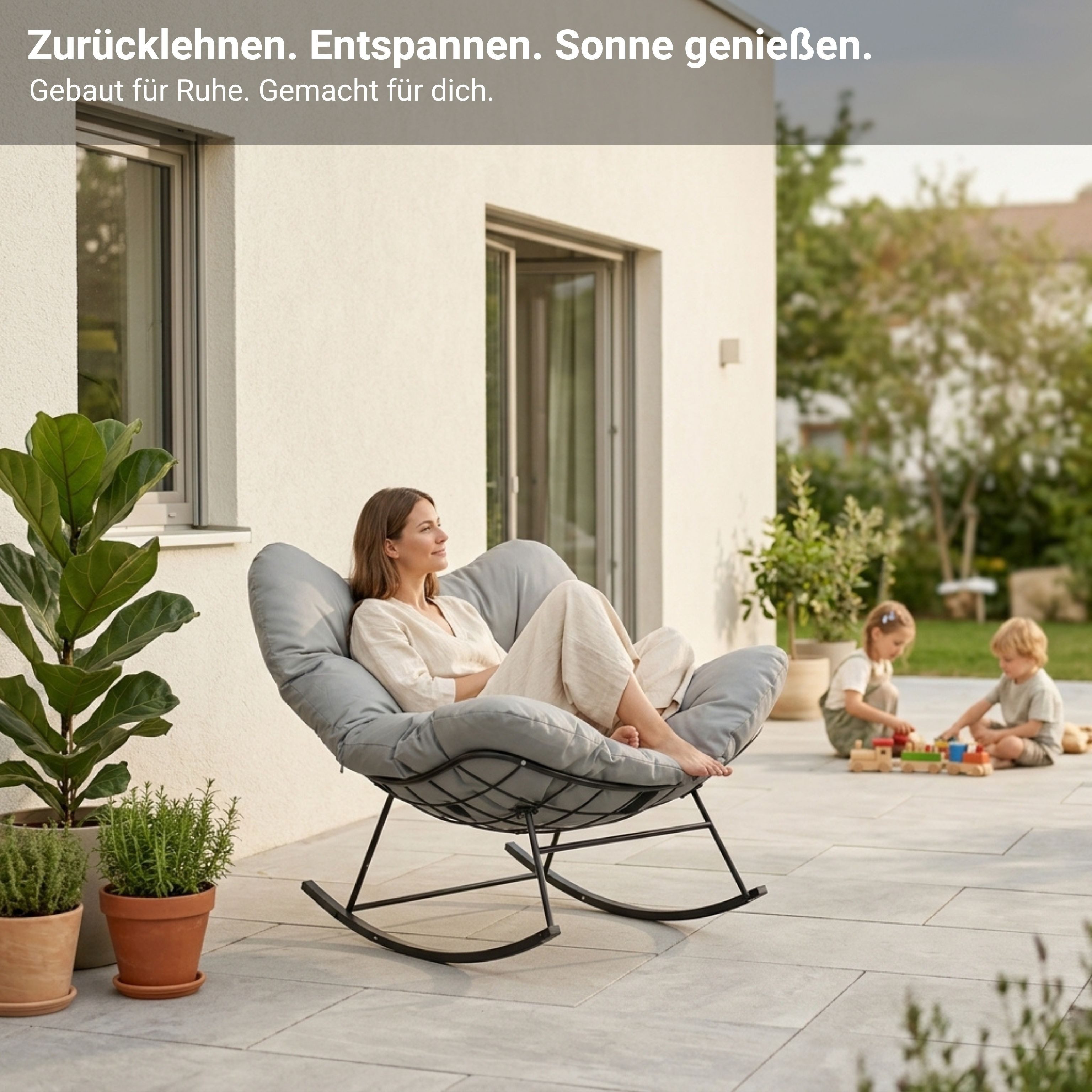 NovaTerra Gartenlounge-Set Stahl-Schaukelstuhl mit Kissen Größe: 110 × 92 × 63 cm, Rostbeständig dank Pulverbeschichtung, wasserabweisendes Kissen